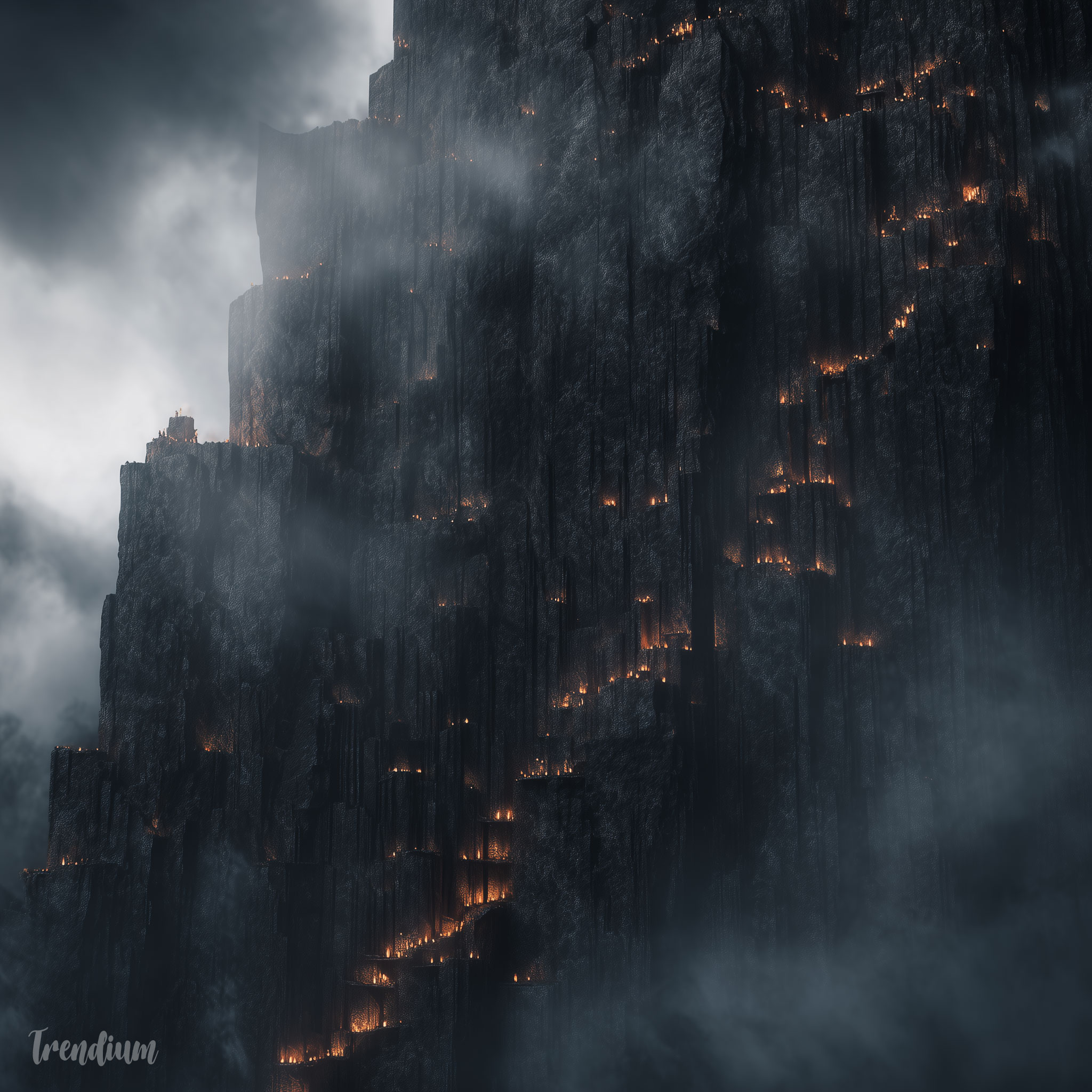 [prompt] A medieval purgatory imagined as a vertical mountain of stone, ascending paths wrapped in fog, soft purifying fire instead of destructive flames, dim golden light filtering from above, slow ritual movement, liminal atmosphere, cinematic lighting, ultra-detailed, dark medieval fantasy