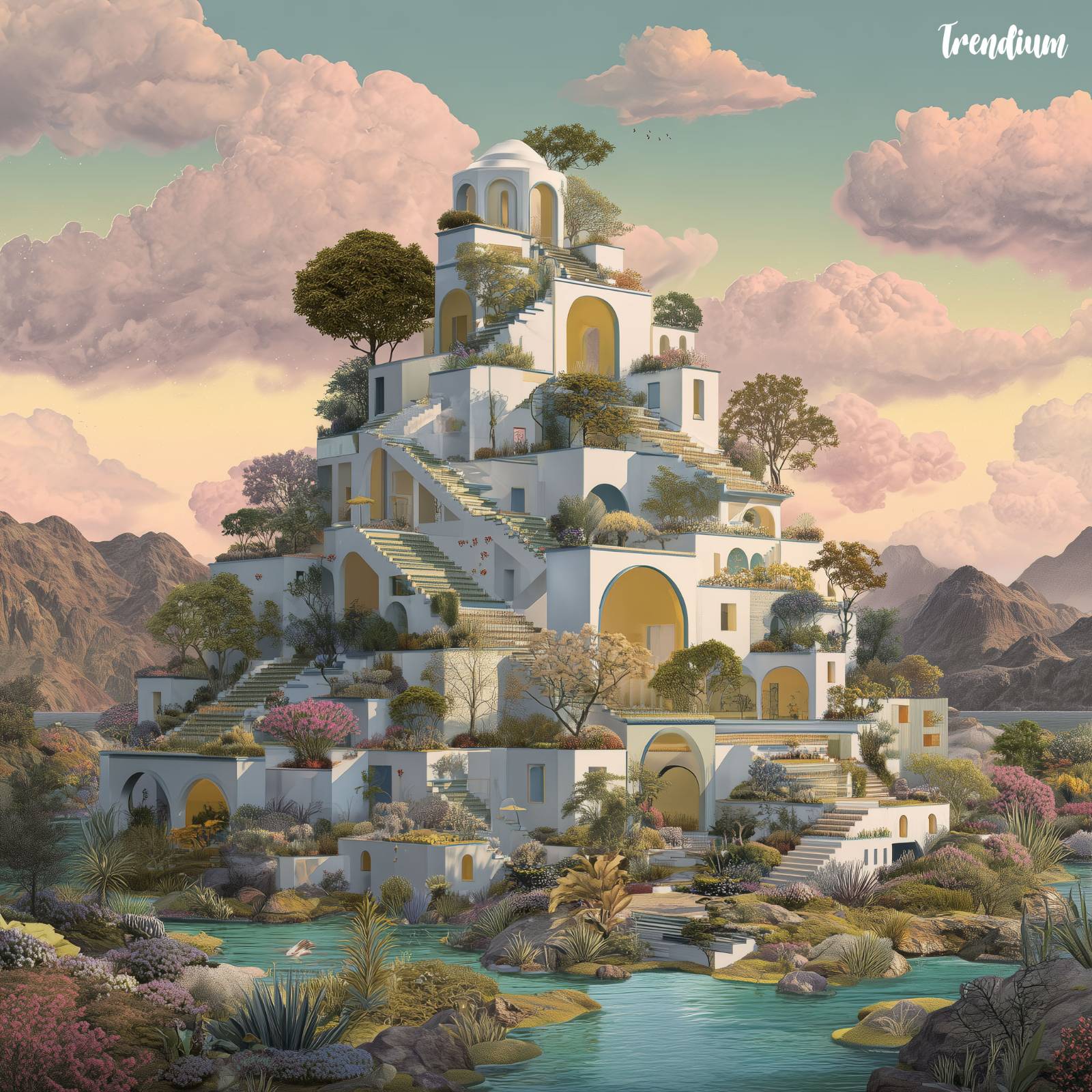 [prompt] bright but artificial afterlife architecture, staged paradise, subtle surrealism