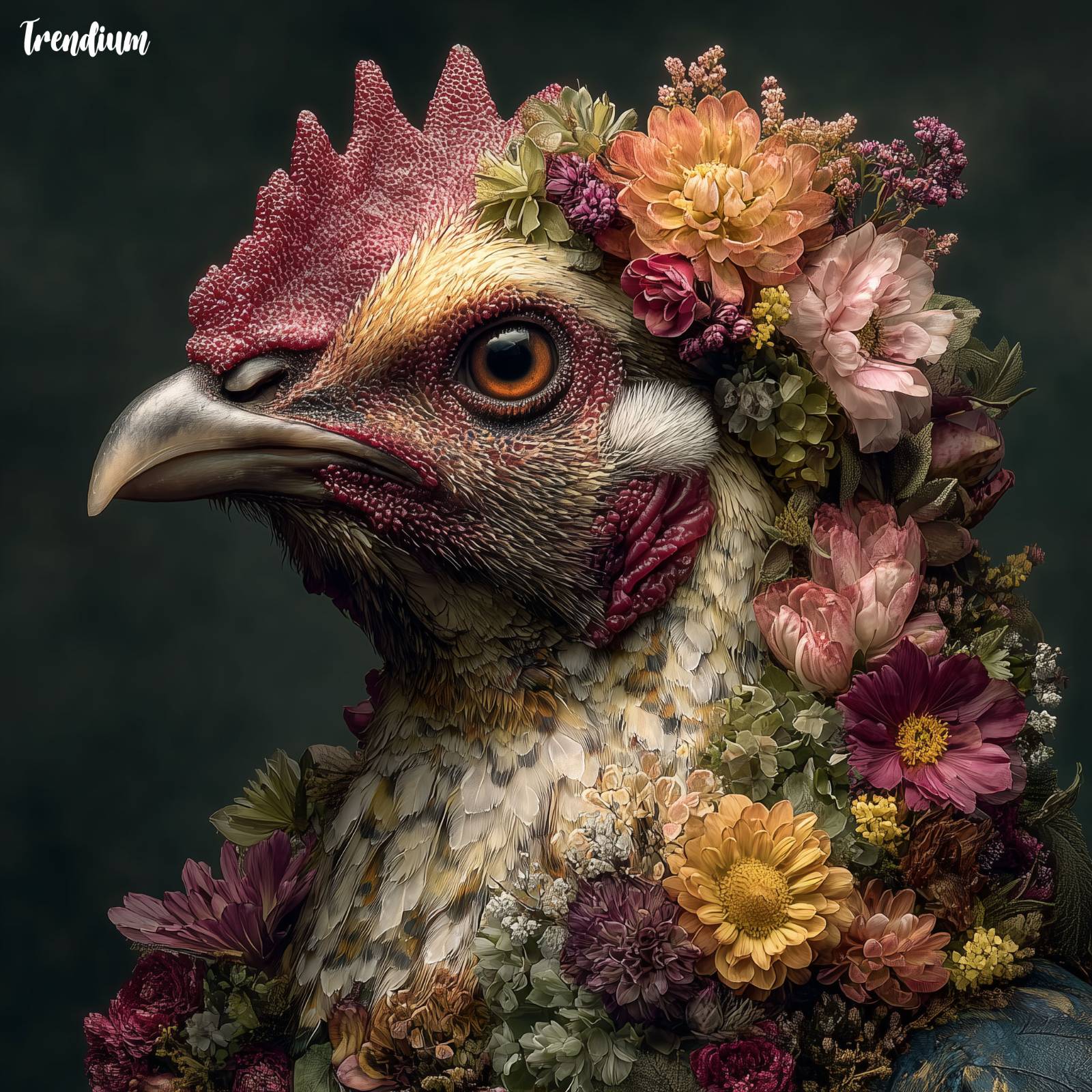 [prompt]&nbsp;An Arcimboldo-inspired zodiac guardian portrait of the Rooster, animal-headed human figure constructed entirely from flowers, fruits, feathers, seeds, and garden plants, carefully assembled to form the rooster’s head, vibrant yet natural color harmony, Renaissance portrait lighting, dark background, painterly realism, allegorical and symbolic tone, no modern surrealism --style raw --stylize 300