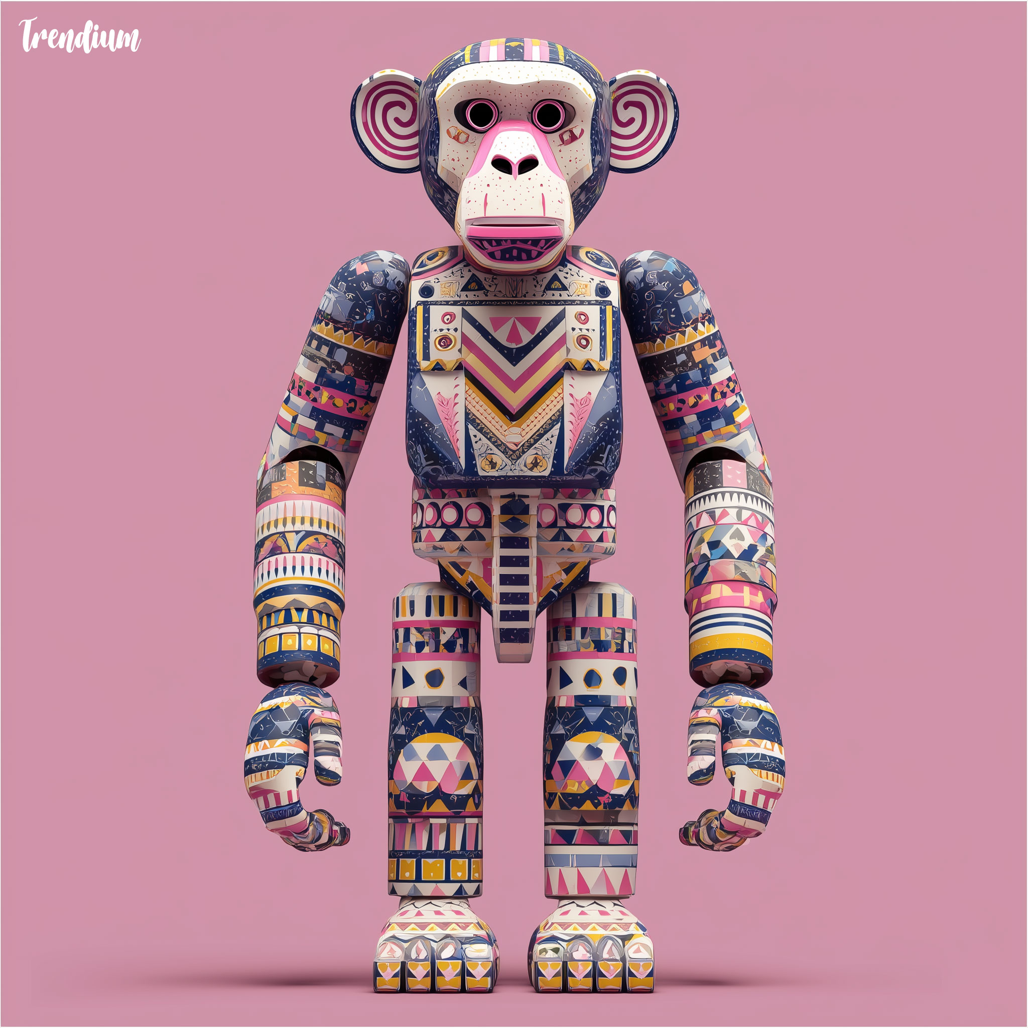 [prompt]&nbsp;A Monkey zodiac guardian rendered in Memphis Group style, abstract humanoid form built from cylinders, triangles, and squiggles, vibrant contrasting colors, graphic surface patterns, ironic and joyful tone, flat lighting, object-like presence, radical postmodern design language inspired by Ettore Sottsass and Memphis Milano --style raw --stylize 300