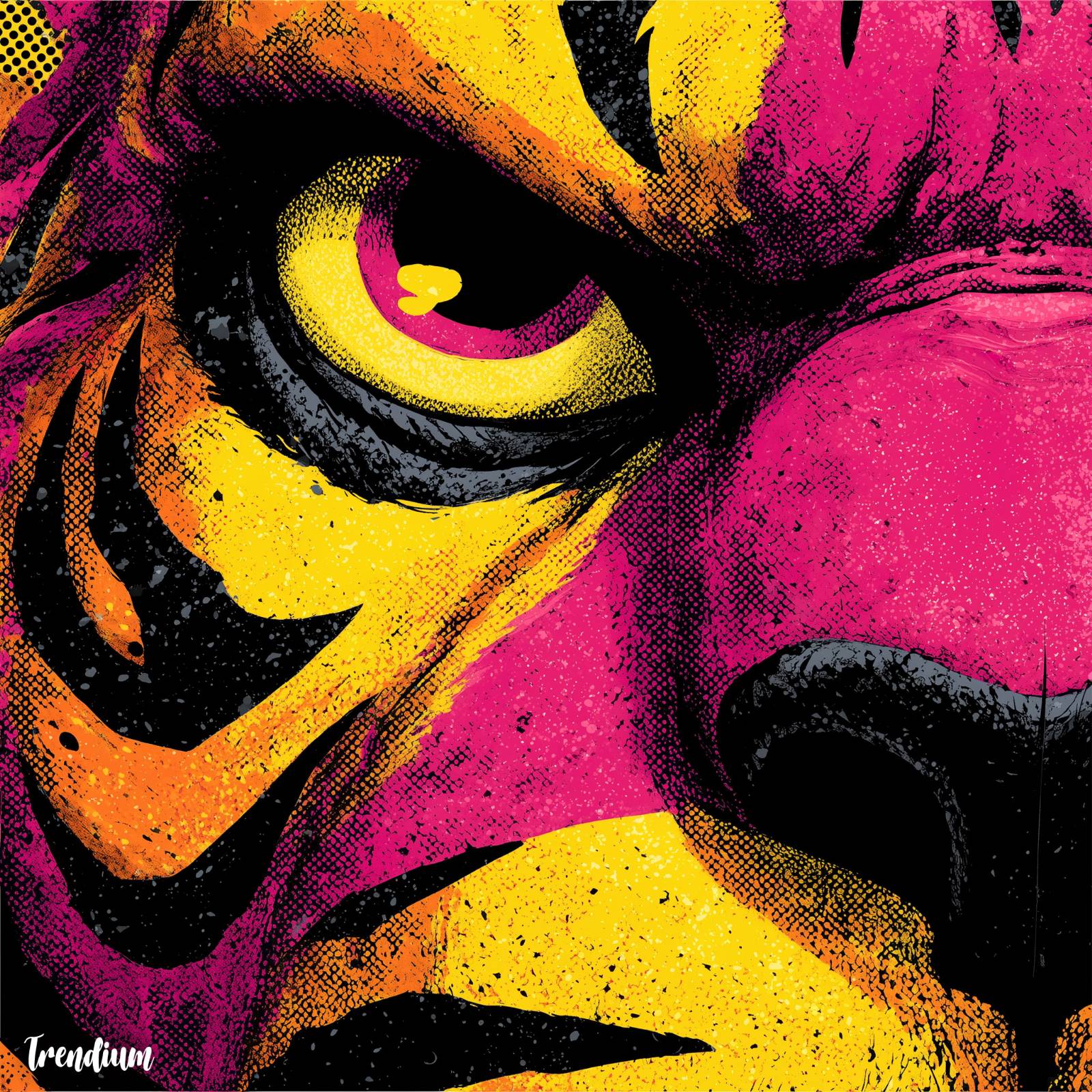 [prompt]&nbsp;A Pop Art style illustration of the Tiger zodiac guardian, animal-headed human figure transformed into a bold cultural icon, flat graphic shapes, thick black outlines, high-contrast saturated colors, halftone dot textures, poster-like composition, repetition-ready design, playful yet powerful presence, inspired by classic Pop Art aesthetics, no realism --style raw --stylize 300