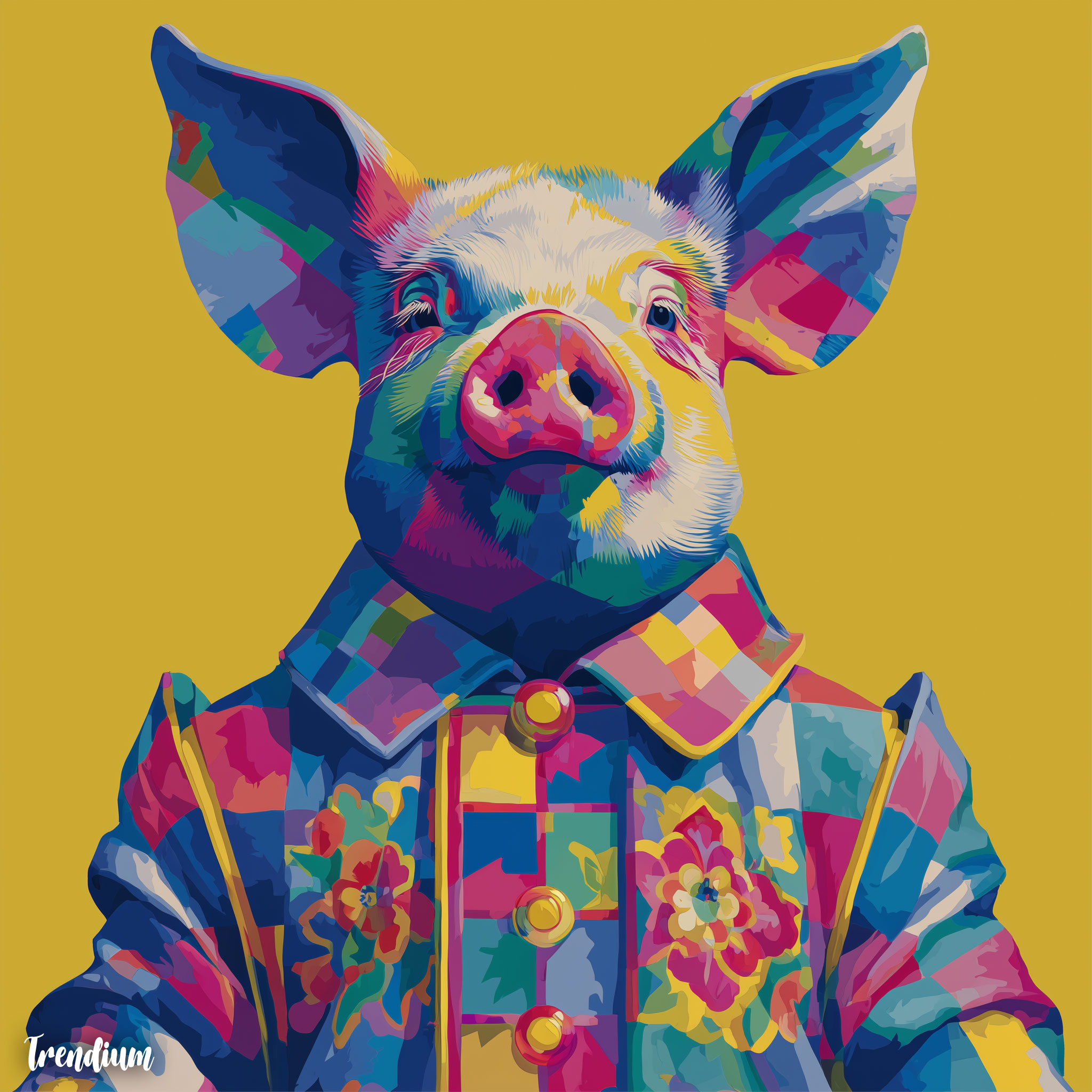 [prompt]&nbsp;A Pop Art interpretation of the Pig zodiac guardian, animal-headed human figure rendered like a mass-produced symbol, exaggerated flat color blocks, candy-like bright palette, bold outlines, screen-print texture, ironic and cheerful tone, graphic poster composition, contemporary Pop Art visual language, no depth --style raw --stylize 300