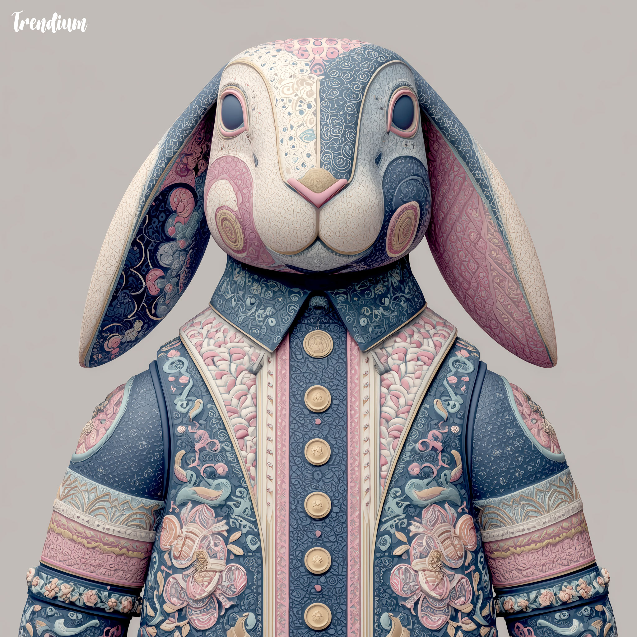 [prompt] A Jaime Hayon-inspired illustration of the Rabbit zodiac guardian, animal-headed humanoid character with soft curves and whimsical proportions, pastel and jewel-tone color mix, ornamental patterns integrated into the body, playful surreal expression, elegant and imaginative design language, modern art toy meets contemporary illustration aesthetic --style raw --stylize 300