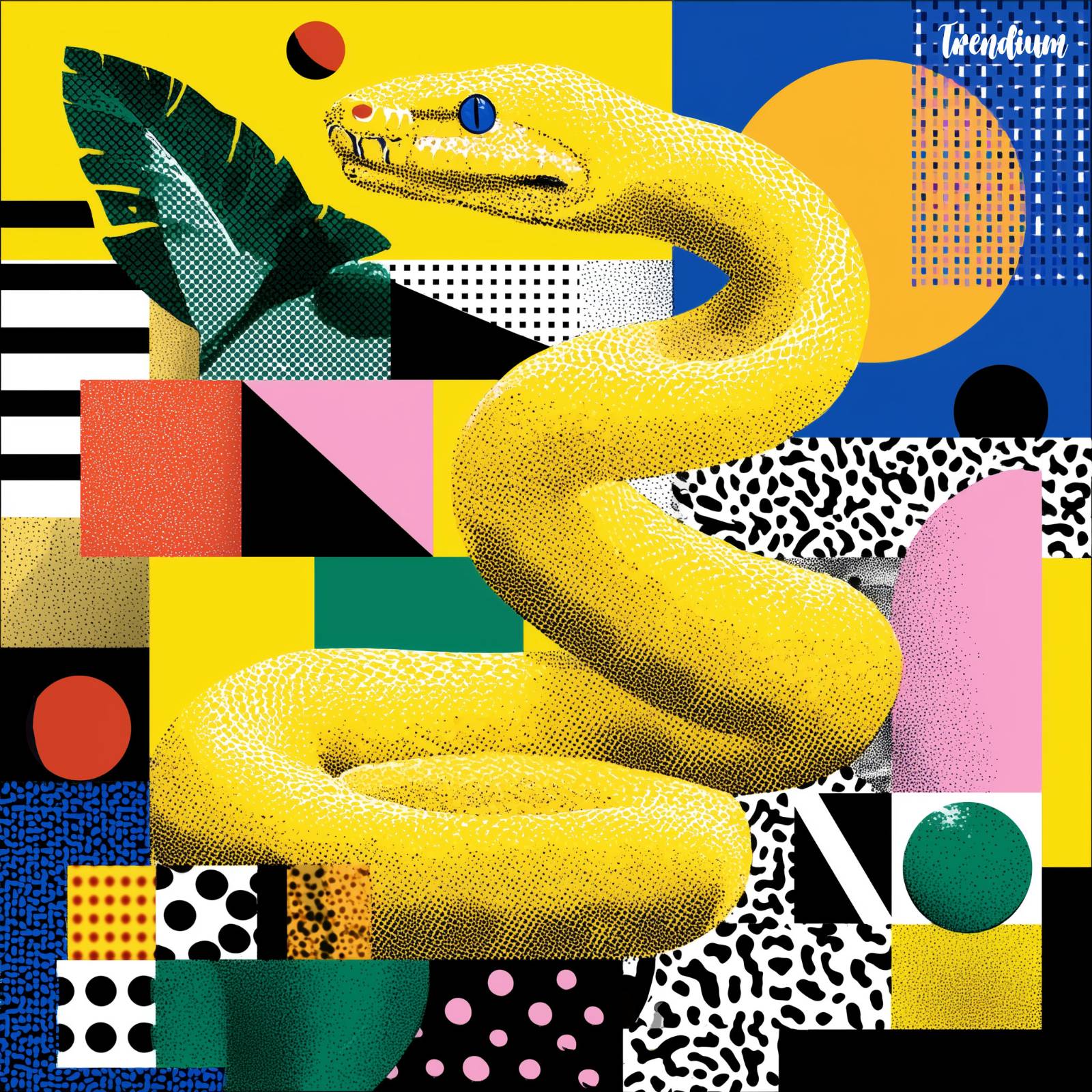 [prompt]&nbsp;A playful yellow snake, Memphis design style, bold geometric patterns, bright colors, postmodern illustration, dynamic curves and rhythmic movement, energetic and decorative composition, 80s graphic design mood, --style raw --stylize 200