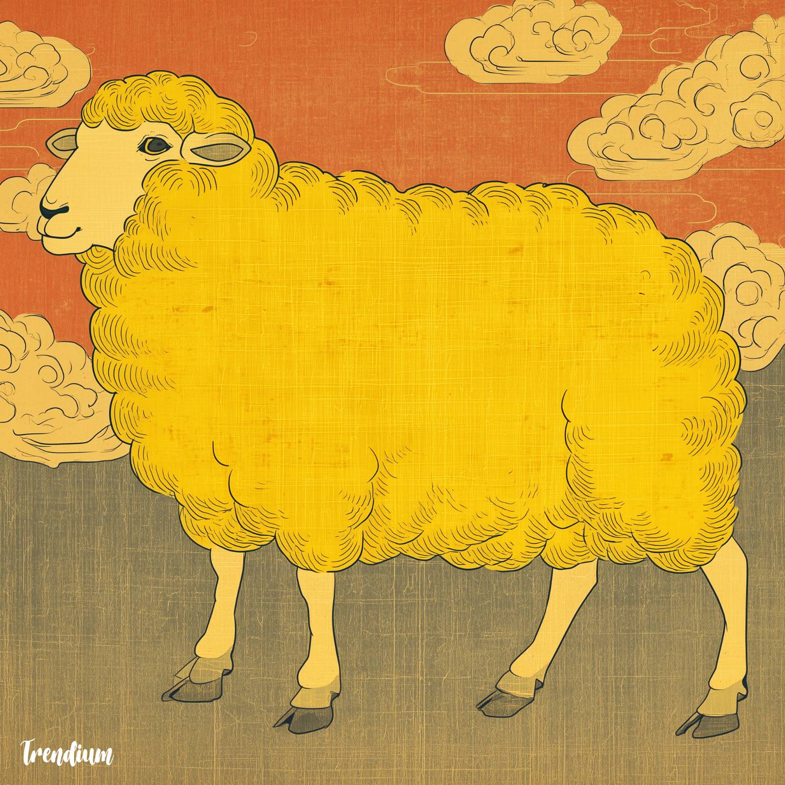 [prompt]&nbsp;A yellow sheep as a symbolic animal, Japanese Ukiyo-e woodblock print style, flat color planes, clean outlines, warm yellow tones with subtle texture, calm and balanced composition, traditional yet modern reinterpretation, --no goat, no text, no watermark --style raw --stylize 0