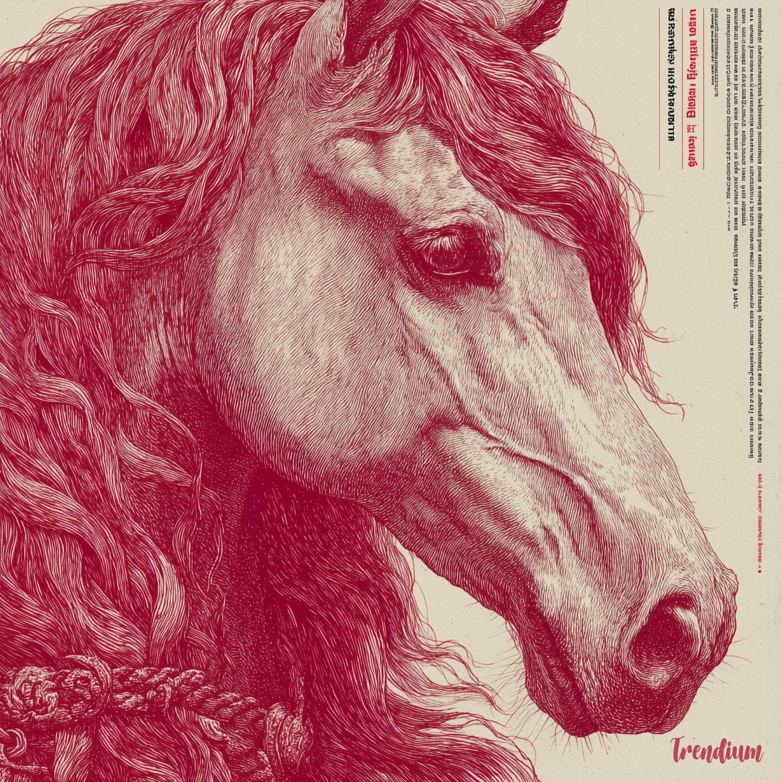 [prompt] an extremely detailed red horse with a long mane, is a risograph print in the form of a poster. the artwork is highly textured, detailed, and high-resolution, with a hyperrealistic and surreal style featuring clean lines and sharp focus. --style raw --stylize 200