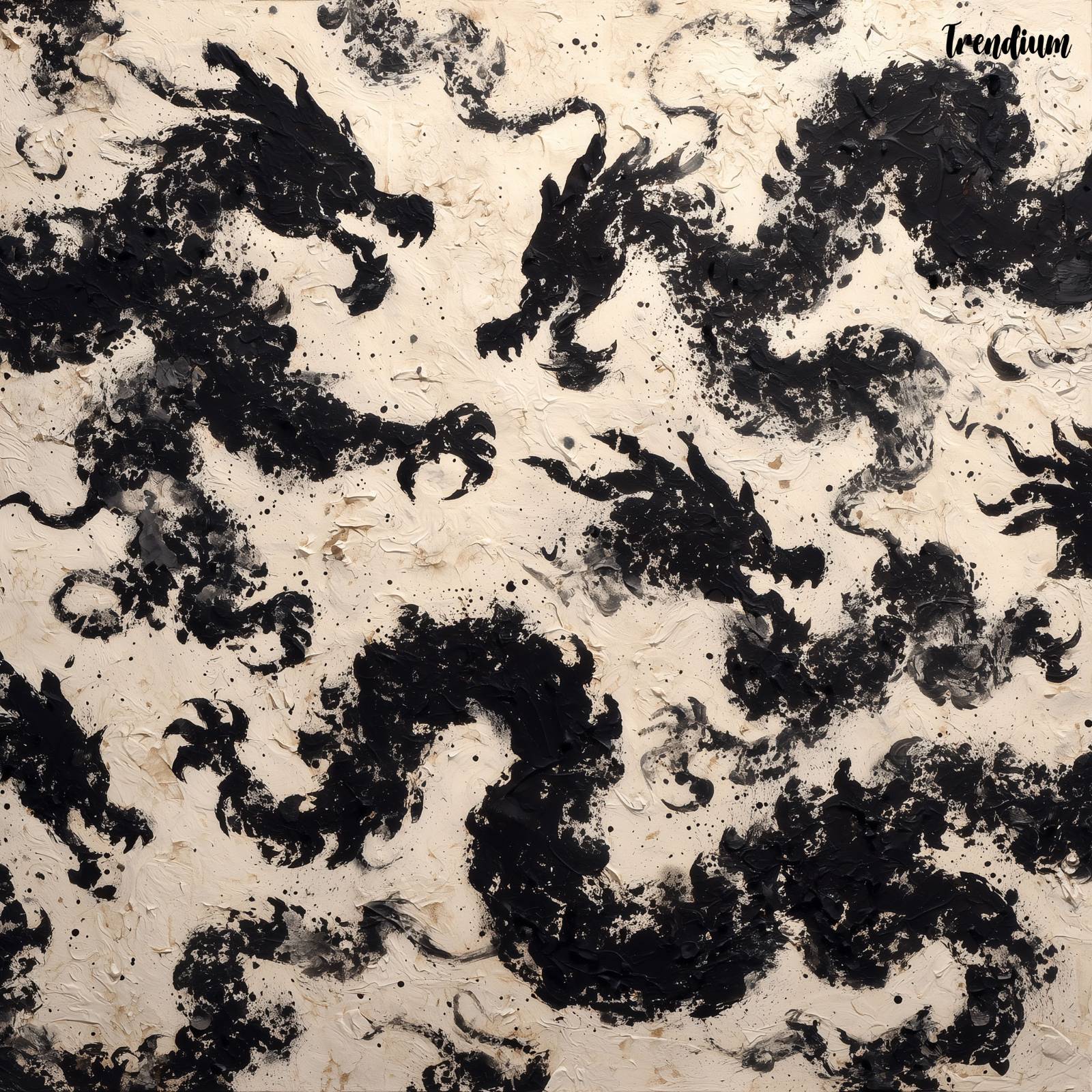 [prompt] A Lee Ungno-inspired ink composition representing the Dragon zodiac through abstracted calligraphic figures and crowd-like formations, dynamic brush strokes in black ink on white paper, human and animal forms dissolving into rhythmic marks, strong sense of movement and collective energy, minimal color, emphasis on gesture and negative space, East Asian ink abstraction --style raw --stylize 300