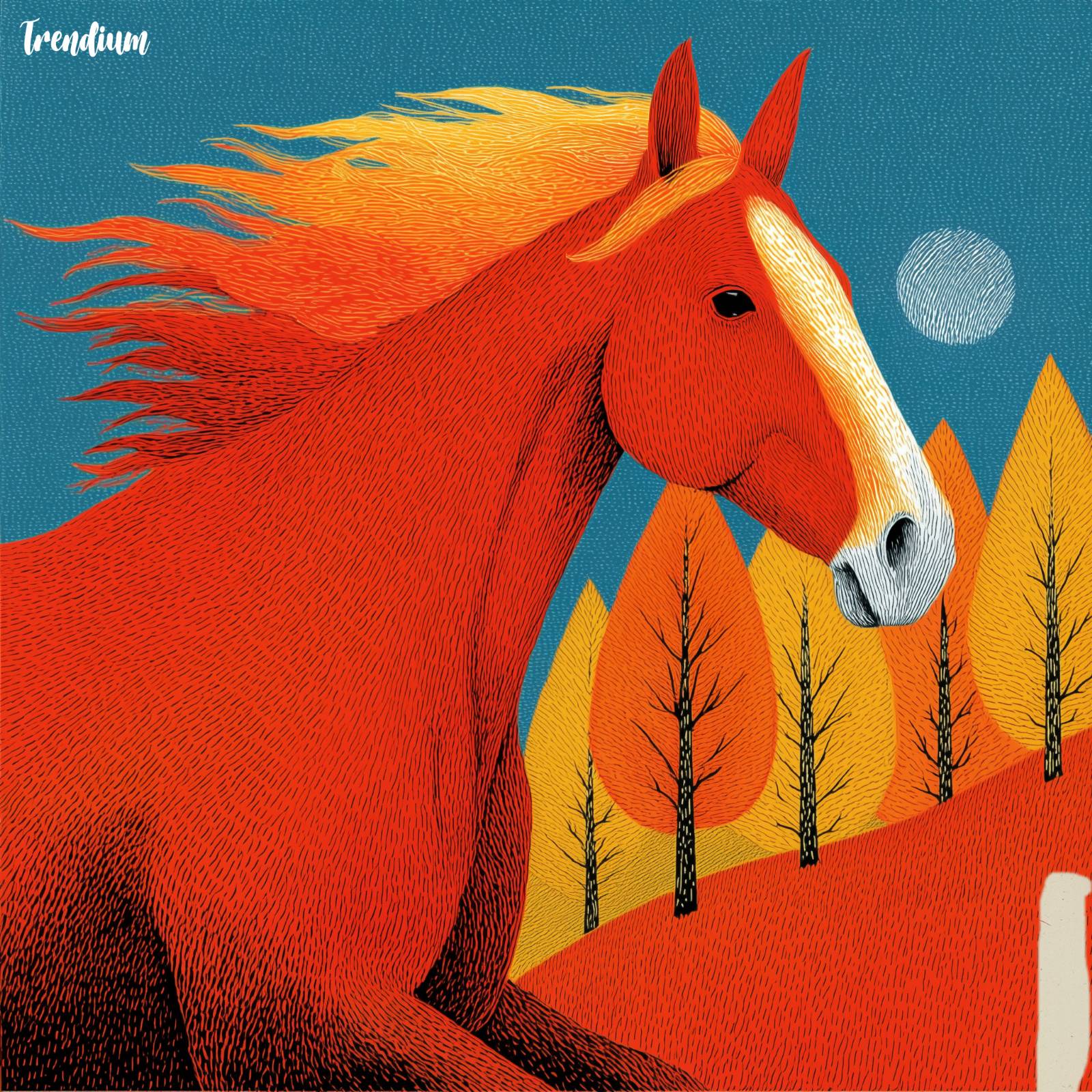 [prompt] an extremely detailed red horse with a long mane, is a risograph print in the form of a poster. the artwork is highly textured, detailed, and high-resolution, with a hyperrealistic and surreal style featuring clean lines and sharp focus. --style raw --stylize 200