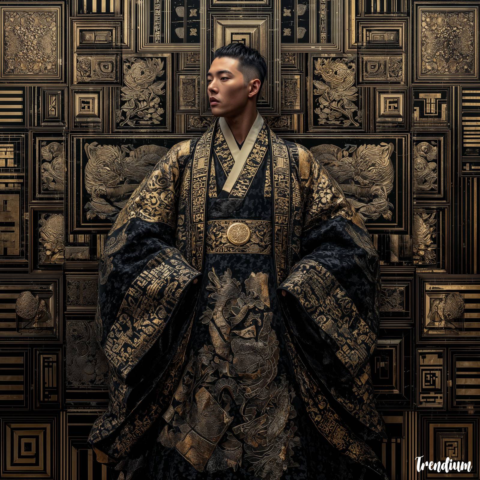 [prompt] Art Deco reinterpretation of a Korean Joseon king wearing a dragon robe, geometric dragon patterns, black and gold color palette, symmetrical composition, metallic embroidery, lacquered textures, dramatic studio lighting, luxury poster style