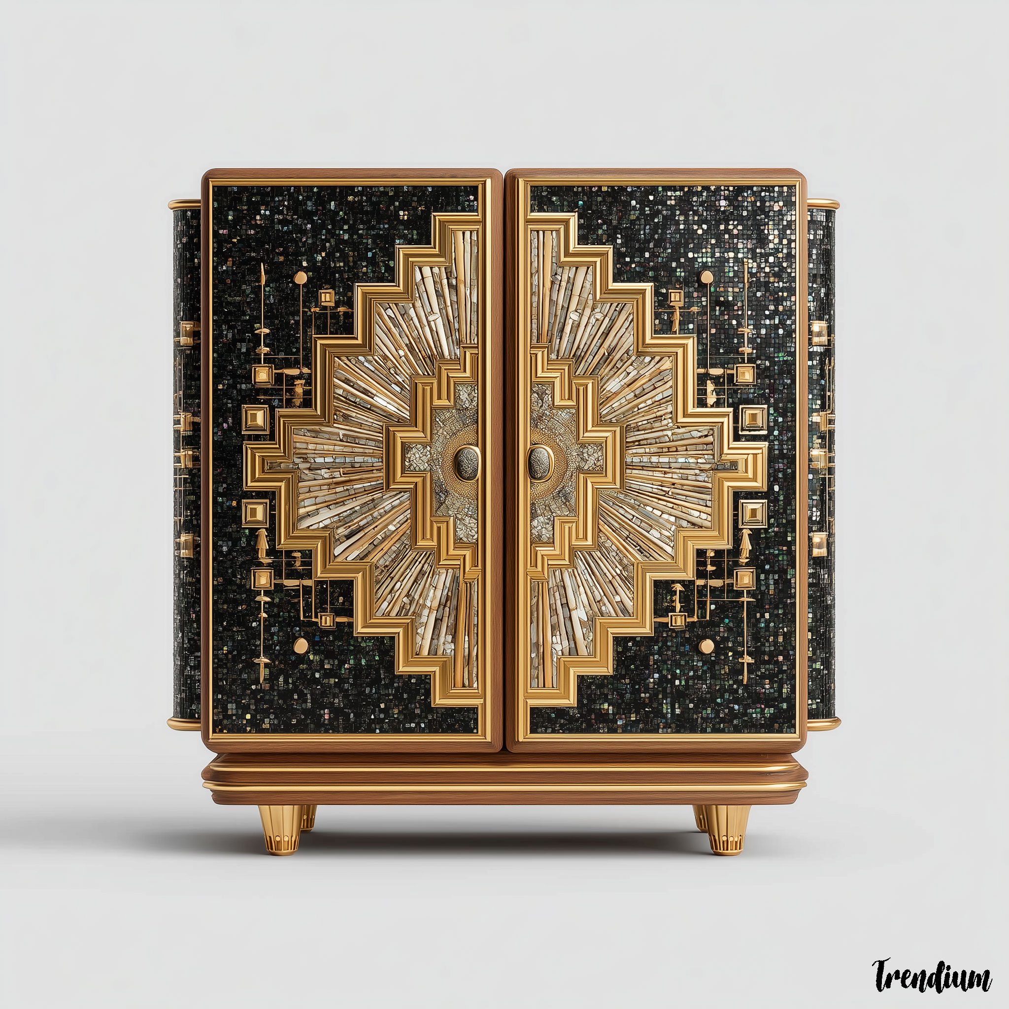 [prompt] K-Art Deco mother-of-pearl lacquer cabinet, bold geometric symmetry, black lacquer surface with iridescent shell inlays, sunburst and stepped patterns, refined Korean luxury --exp 10 --style raw --stylize 300