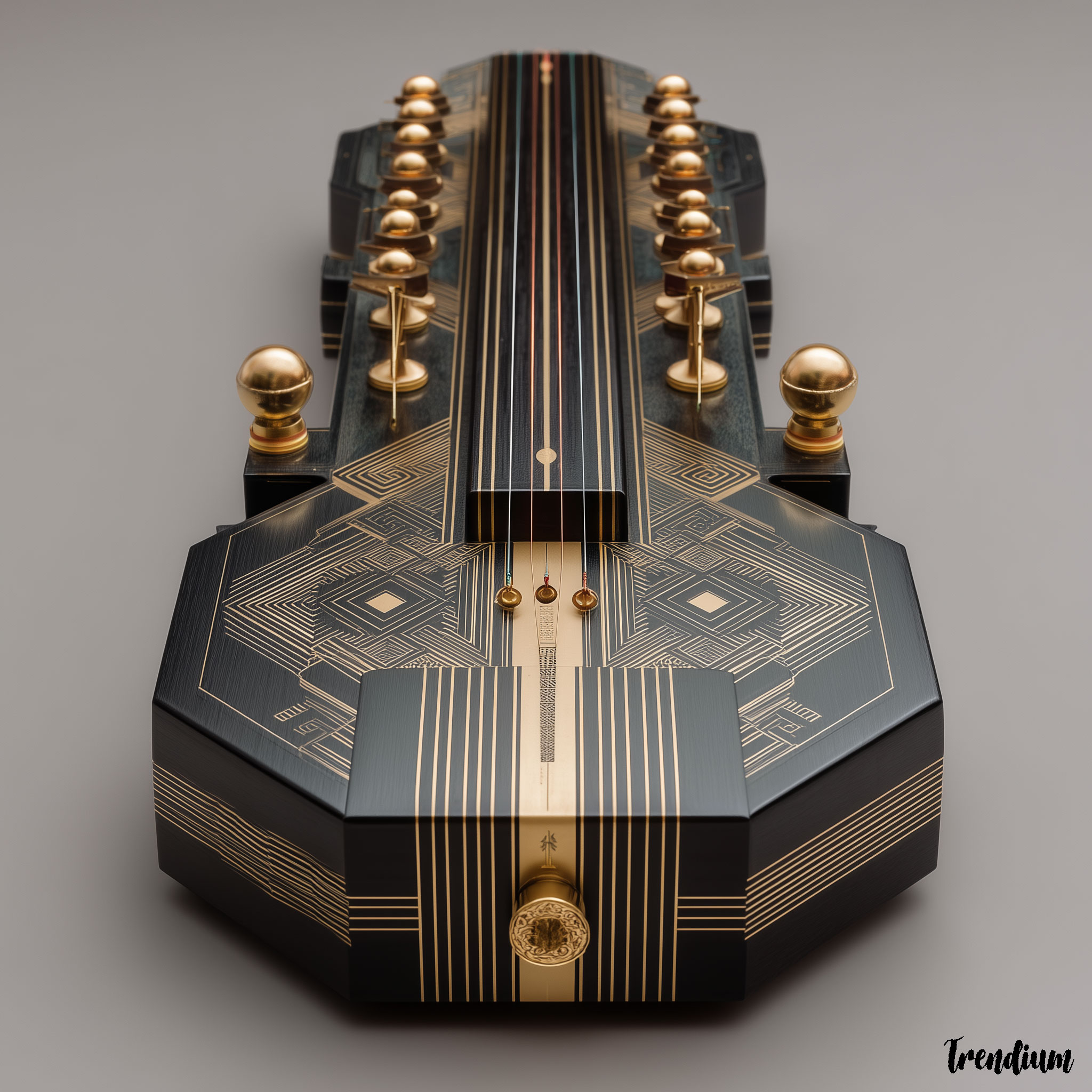 [prompt] K-Art Deco reinterpretation of gayageum, elongated geometric body, symmetrical string layout, black lacquered wood with gold line accents, refined rhythmic elegance --exp 1 --style raw --stylize 300