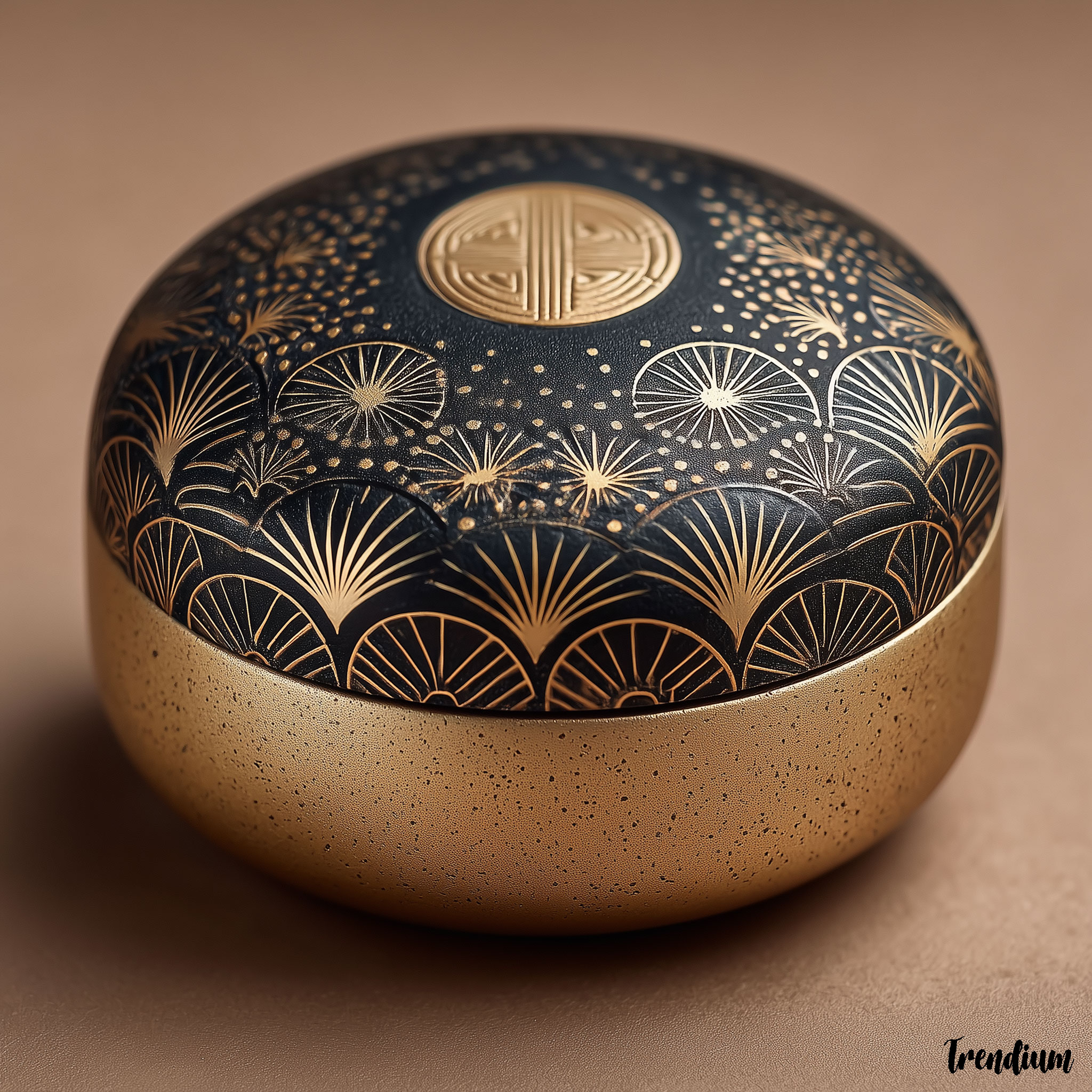 [prompt] K-Art Deco K-beauty packaging design, compact form, geometric line work inspired by Korean traditional patterns, matte black and metallic gold finish --style raw --stylize 500