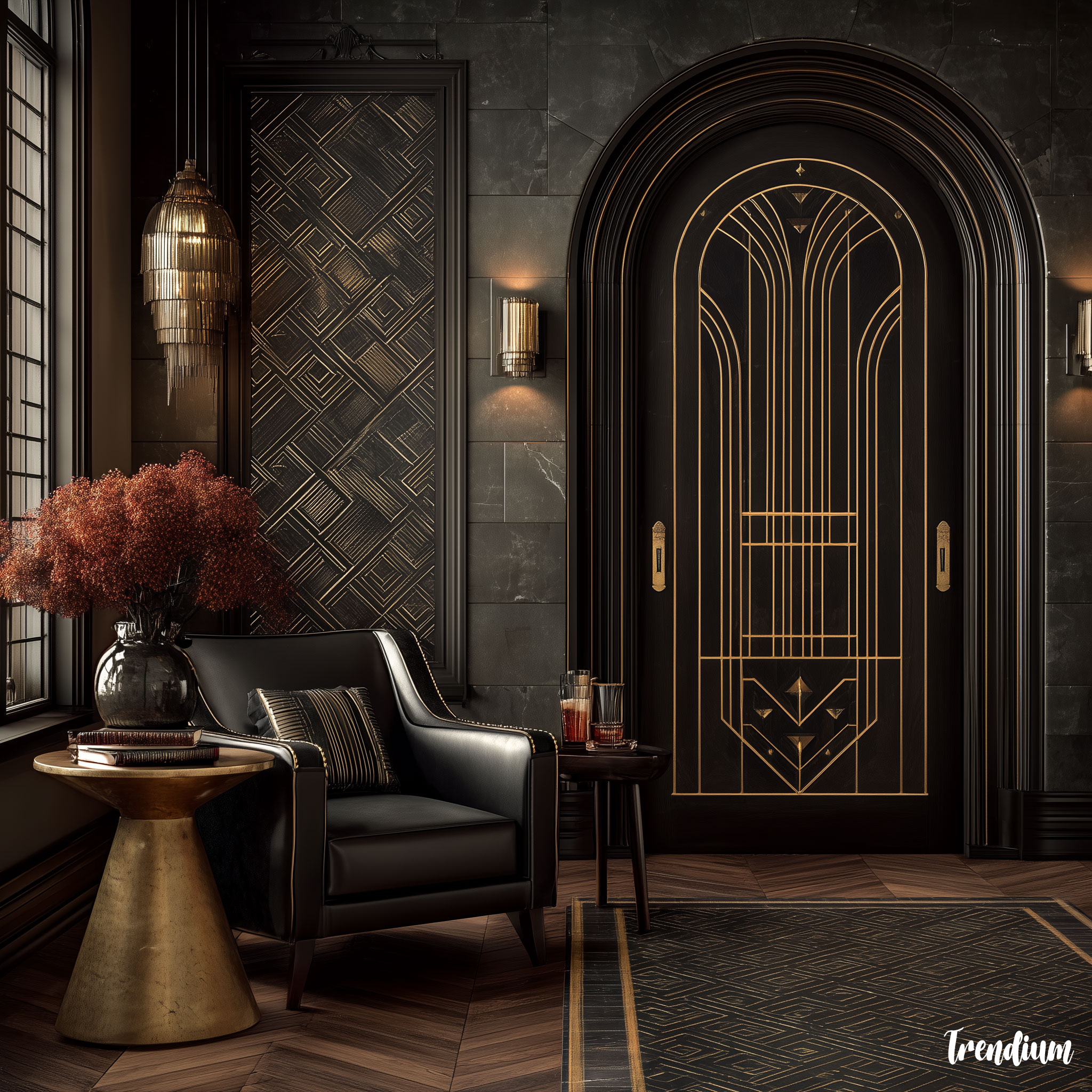 [prompt] K-Art Deco interior design inspired by Korean palace patterns, dancheong geometry simplified into art deco symmetry, lacquered wood and gold details --exp 3 --style raw --stylize 500