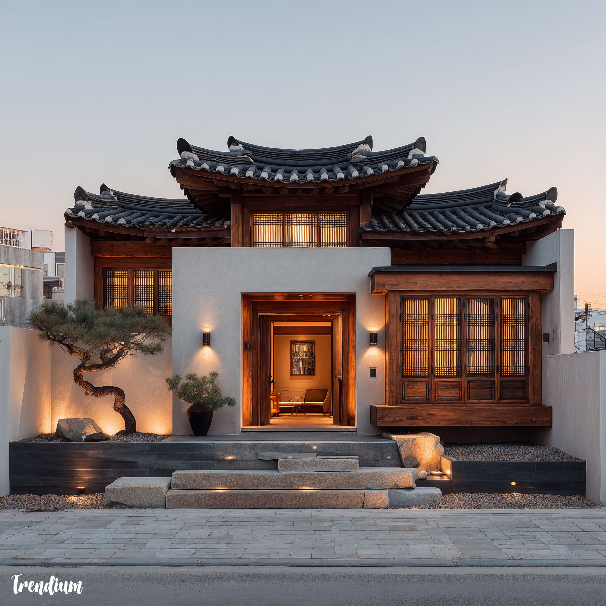 [prompt] K-Art Deco hanok reinterpretation, clean geometric structure, symmetrical layout, modern materials fused with traditional Korean spatial concepts --exp 5 --style raw --stylize 700