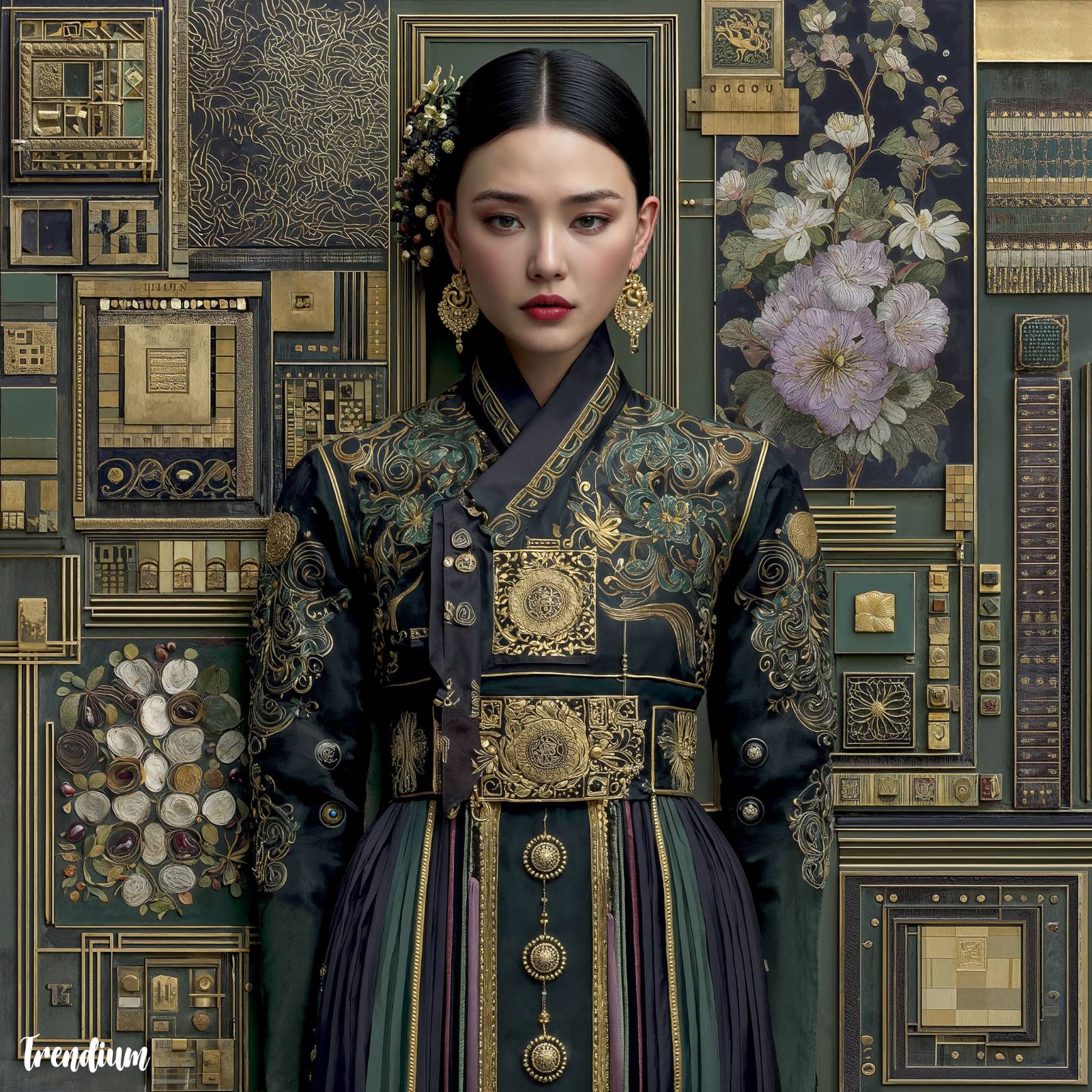 [prompt] K-Art Deco worldview where dancheong, hanbok, and hanok patterns are re-encoded into geometric art deco language, cultural memory meets modern design --exp 20 --style raw --stylize 350