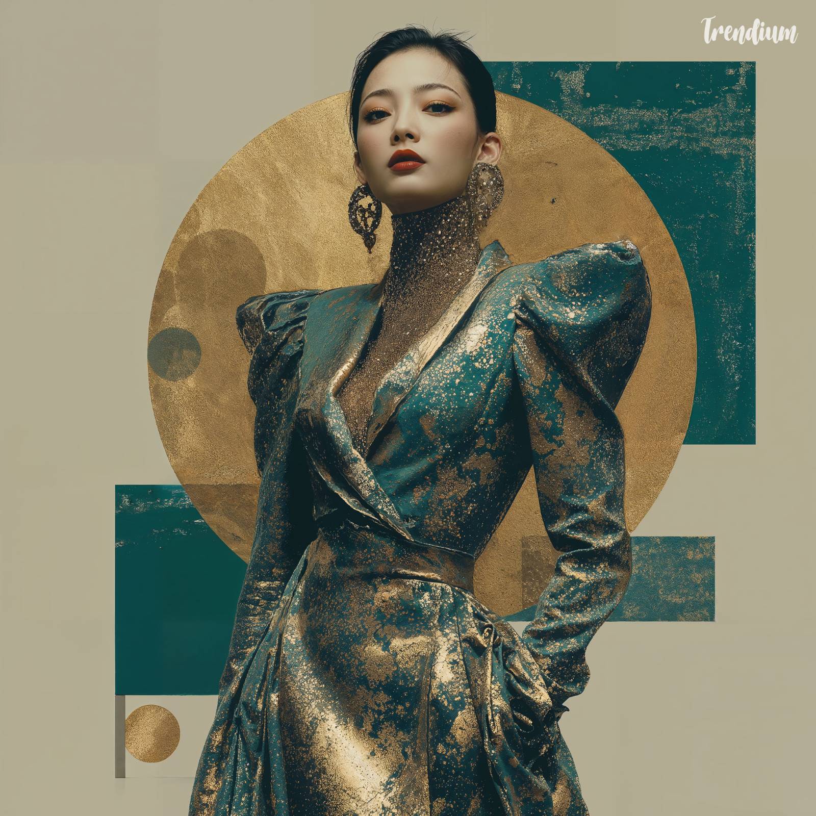 [prompt] Art Deco meets a Kpop idol, hanbok-inspired geometry, gold and jade tones, contemporary elegance --exp 10 --style raw --stylize 300