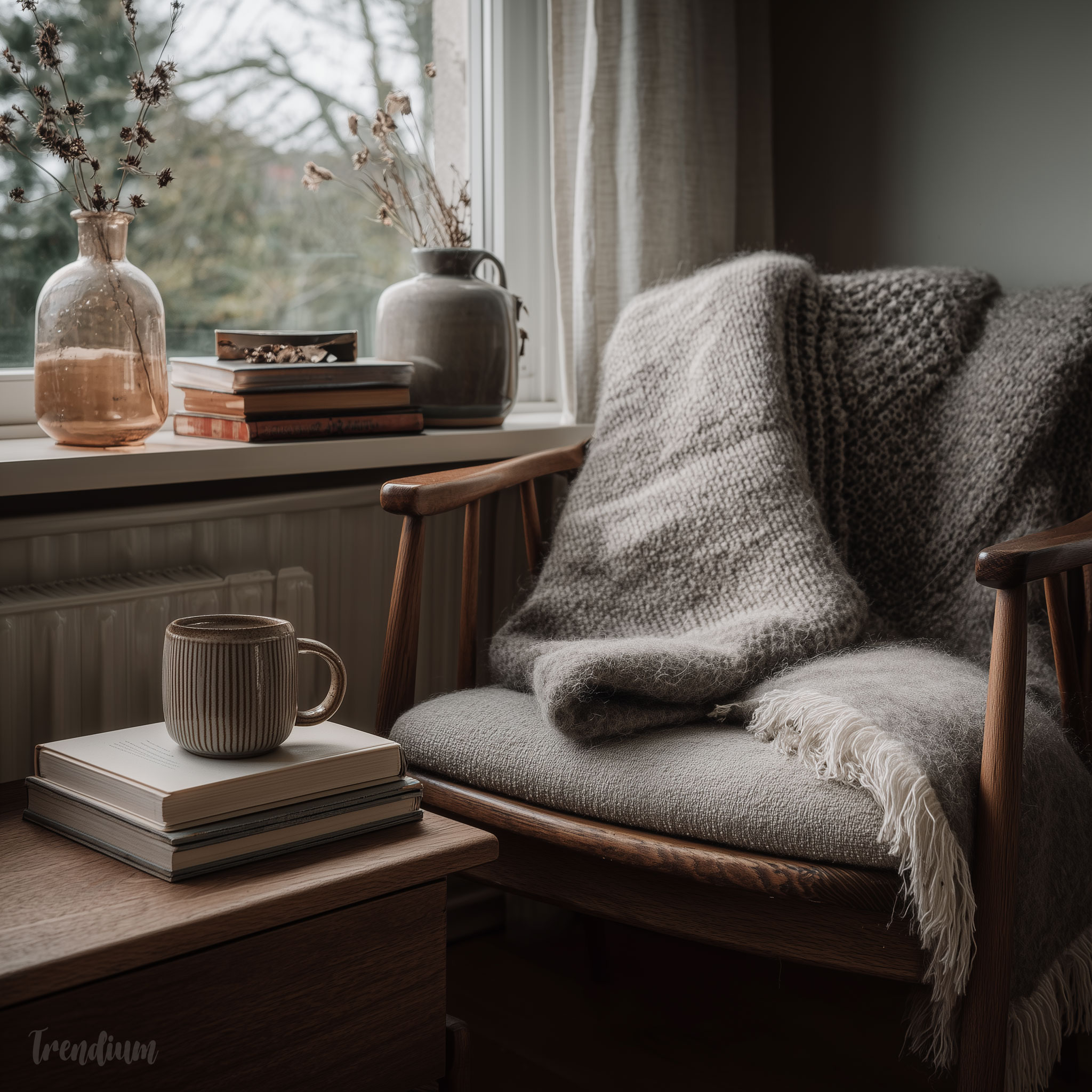 [prompt] a quiet Nordic living space during winter, nordic hygge aesthetic, expressing stability and calm, soft diffused daylight from a low winter sun, cool-neutral color palette with warm accents, simple wooden furniture, enclosed and intimate composition, natural textures, editorial interior photography