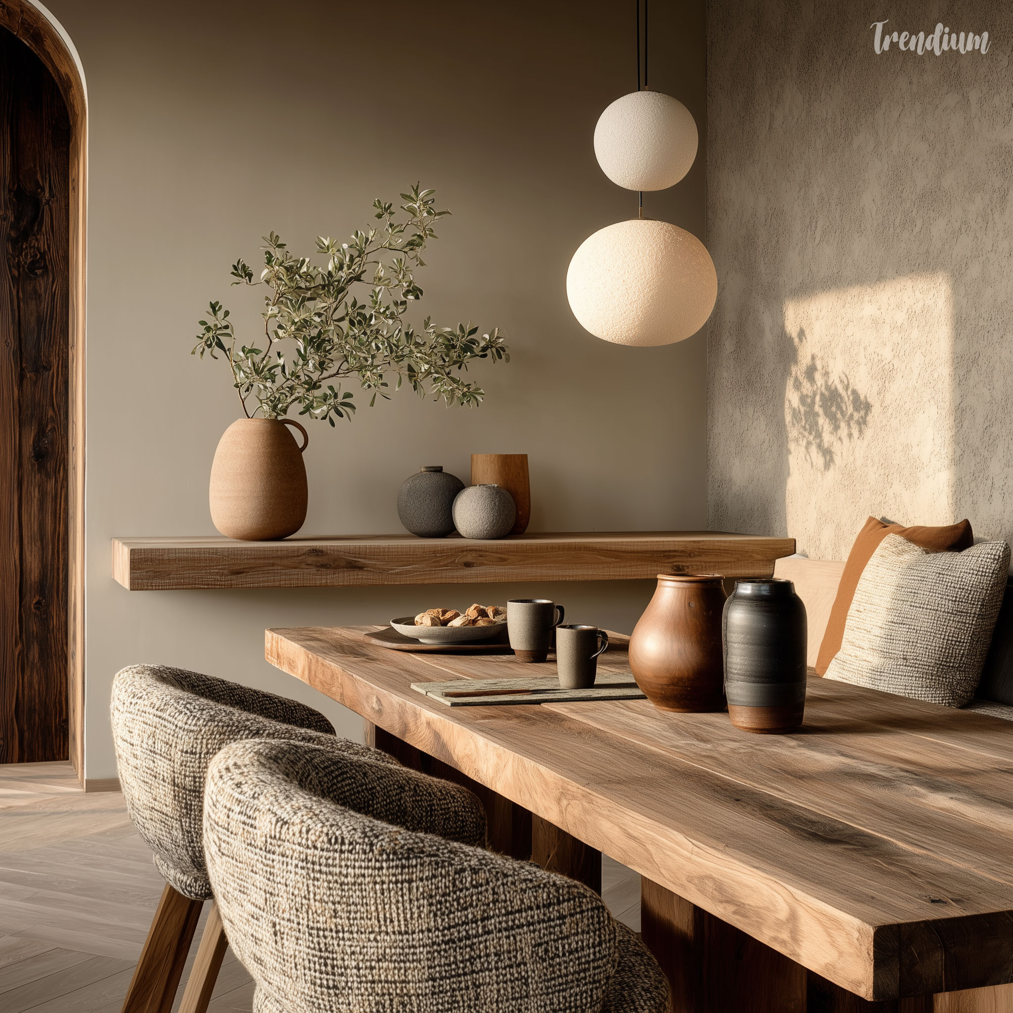 [prompt] a minimal interior inspired by kinfolk, wood and fabric textures, balanced composition --style raw --stylize 350