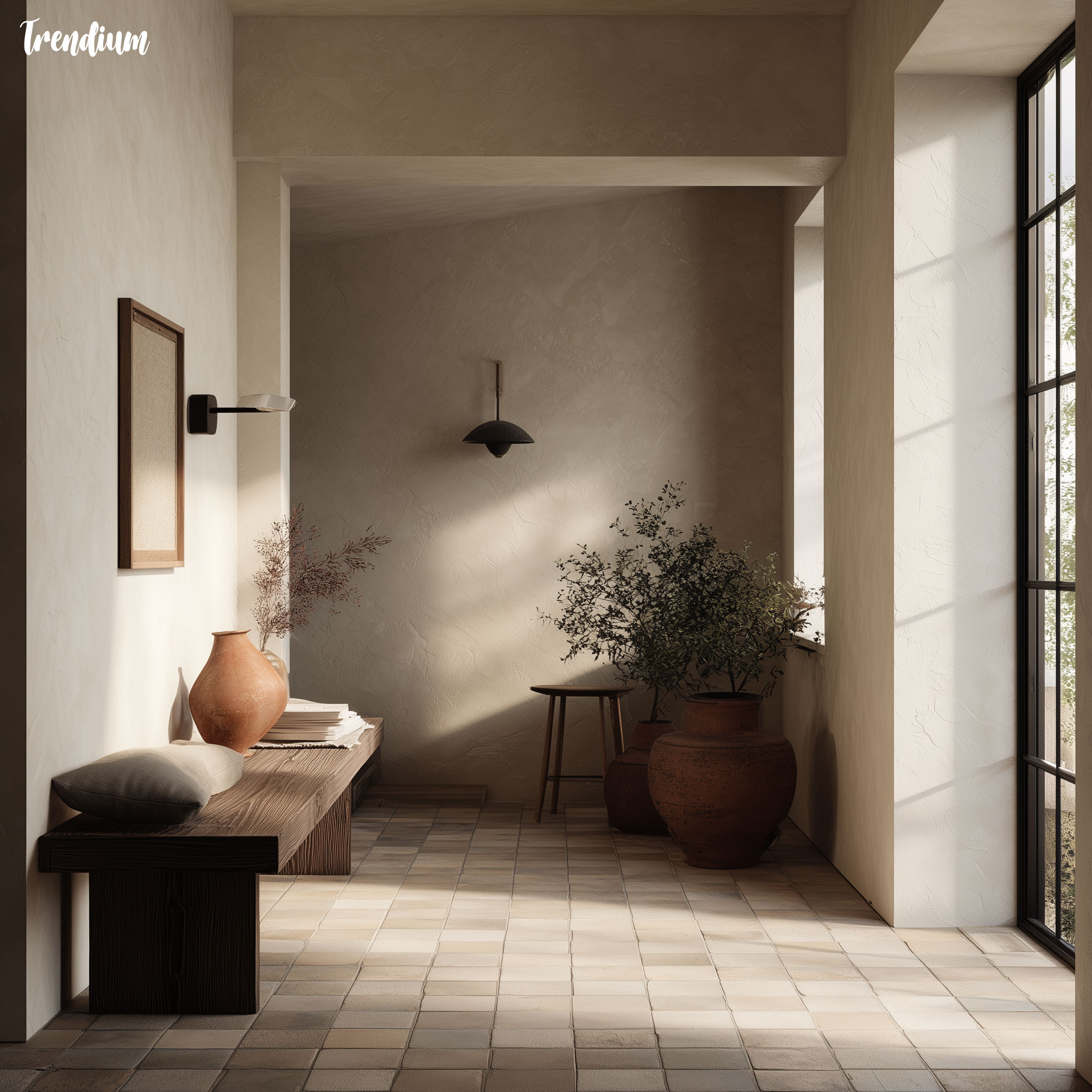 [prompt] a quiet residential architecture scene inspired by nordic hygge, expressing maintenance and calm, low contrast daylight, muted earth tones, static and centered composition, raw and unfinished materials, architectural photography style