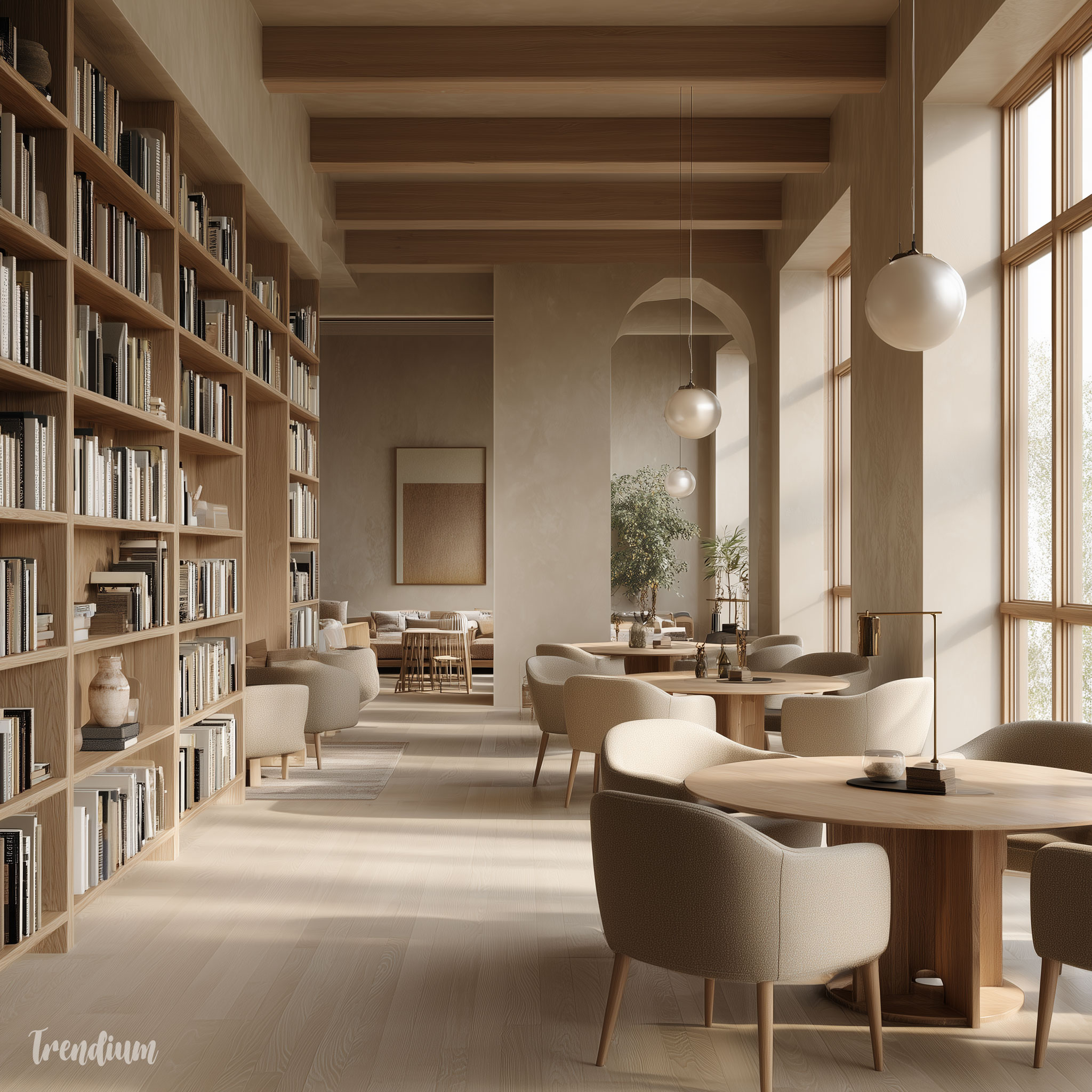 [prompt] a quiet public library designed in hygge and kinfolk aesthetic, expressing stability and reassurance, soft natural daylight filtering through large windows, warm muted neutral color palette, wood bookshelves, fabric seating, ceramic lamps, enclosed and intimate reading zones, balanced and spacious composition, low contrast, natural textures, calm editorial interior photography, no dramatic lighting, no crowded people