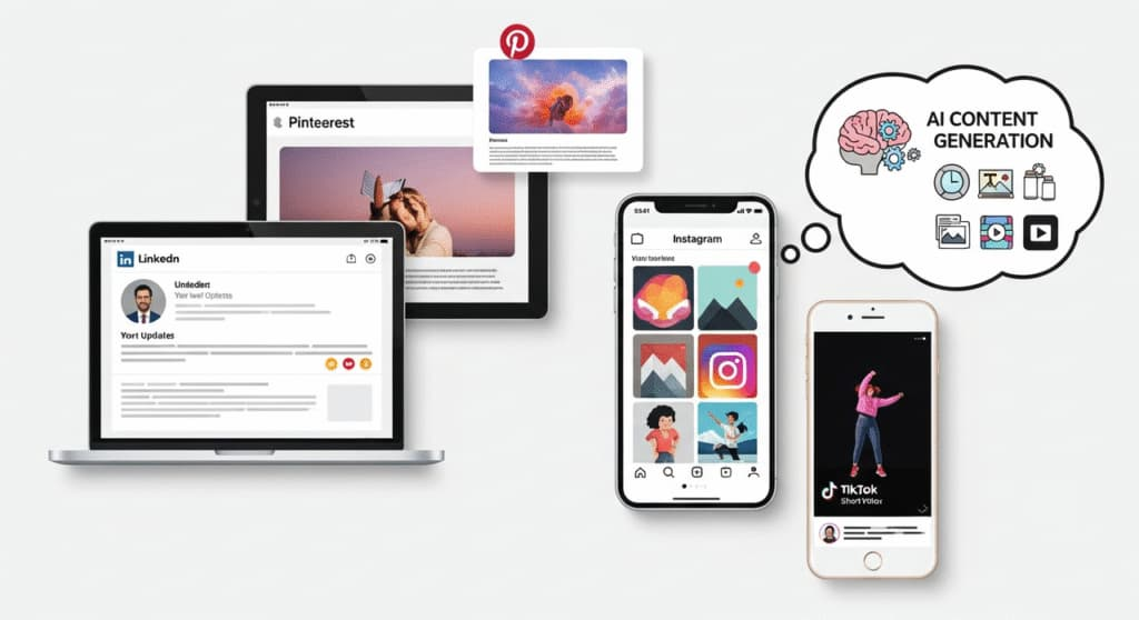 Pomilli AI는 링크드인, 핀터레스트, 인스타그램, 틱톡에서 소셜 미디어 게시물 생성 화면을 보여줍니다.