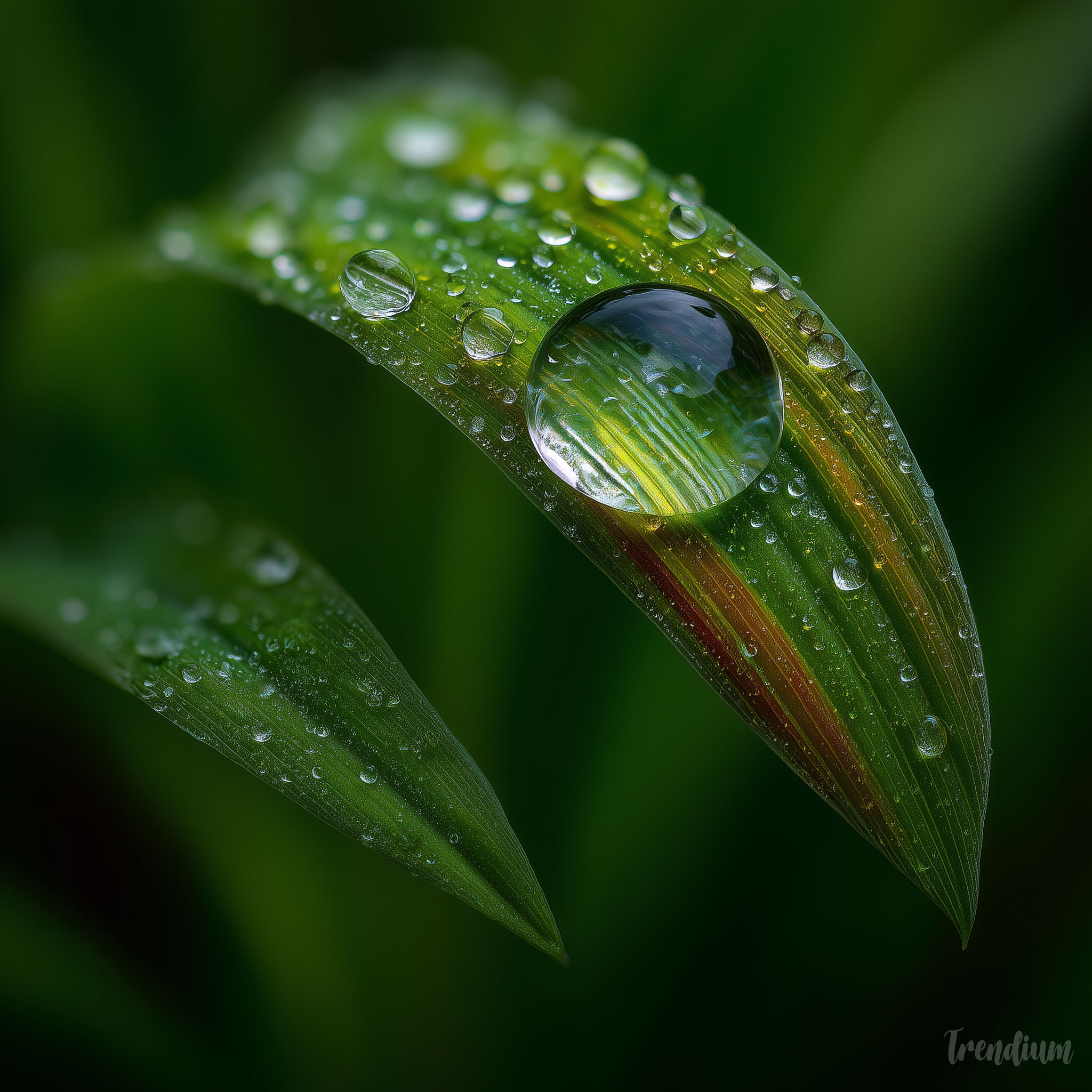 [prompt] Single dewdrop on a leaf, shallow depth of field, f/1.4 --chaos 1 --exp 2 --raw --stylize 300
