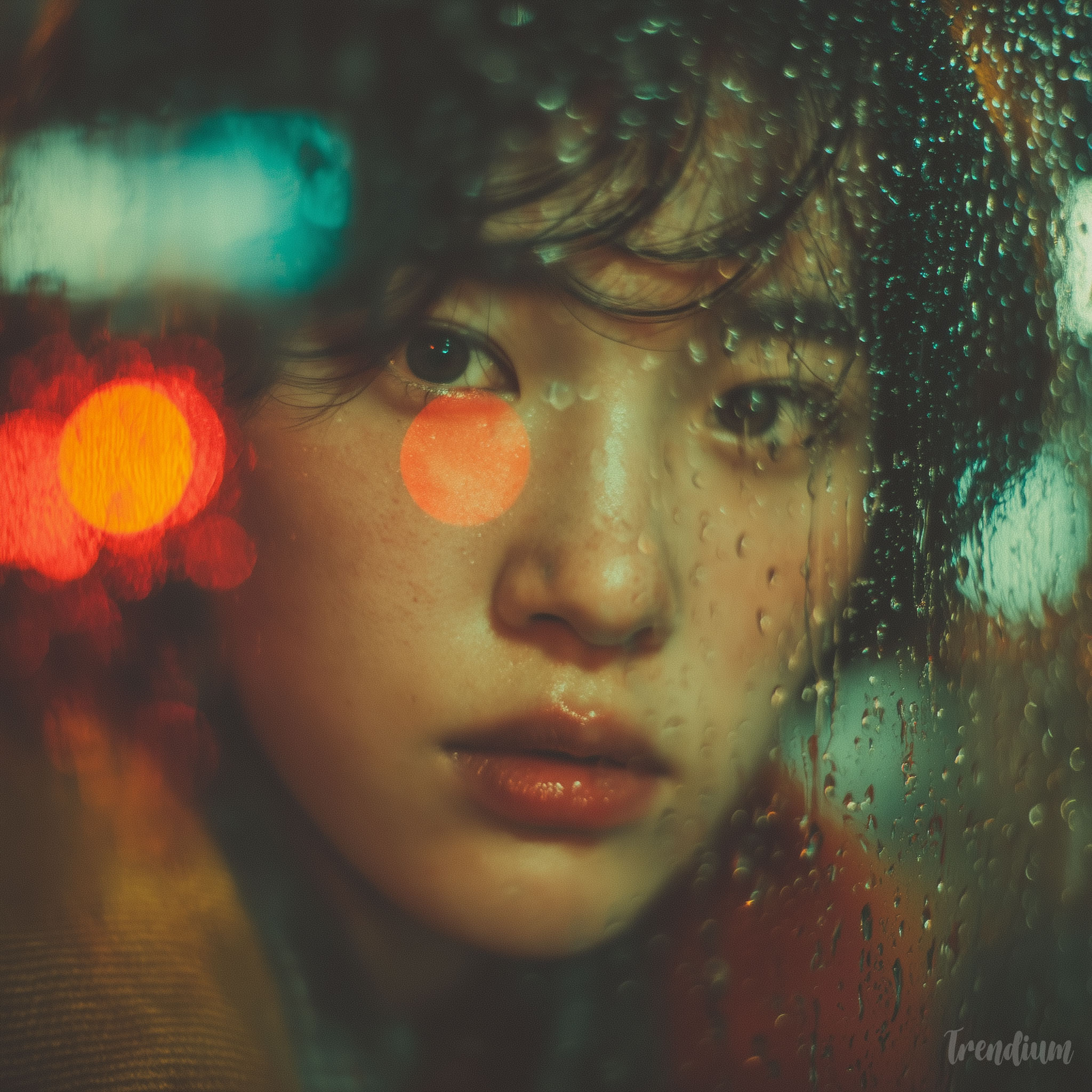 [prompt] Close-up a Korean model portrait through a rainy window, water droplets, colorful blurred street lights, melancholic mood, f/1.4 --exp 2 --raw --stylize 350