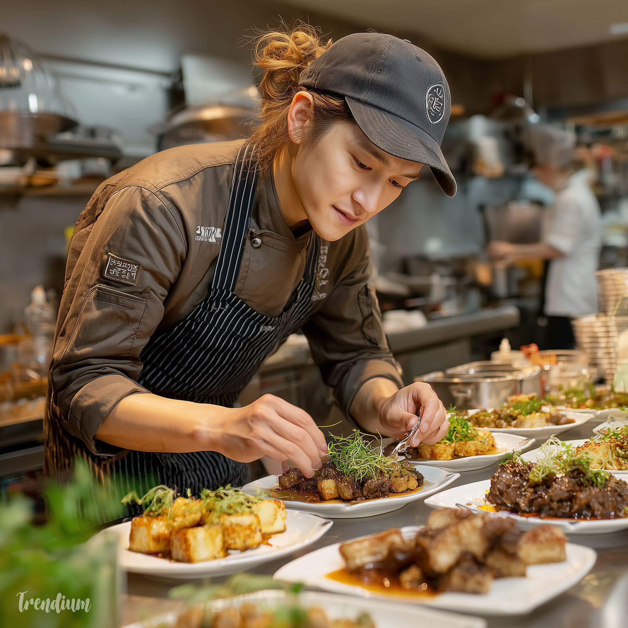 [prompt] A Korean chef plating a dish, clear environment, f/4.0 --chaos 1 --raw --stylize 400