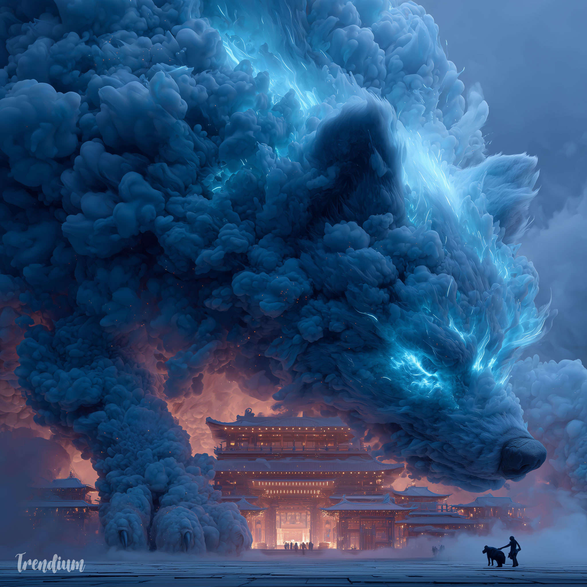 [prompt] nine-tailed fox spirit reimagined as luminous cyber entity, stone pagoda fused with neon cityscape, volumetric smoke and drifting ash, 85mm portrait depth of field, impending confrontation tension, high detail fantasy art --chaos 1 --exp 1 --raw --stylize 330