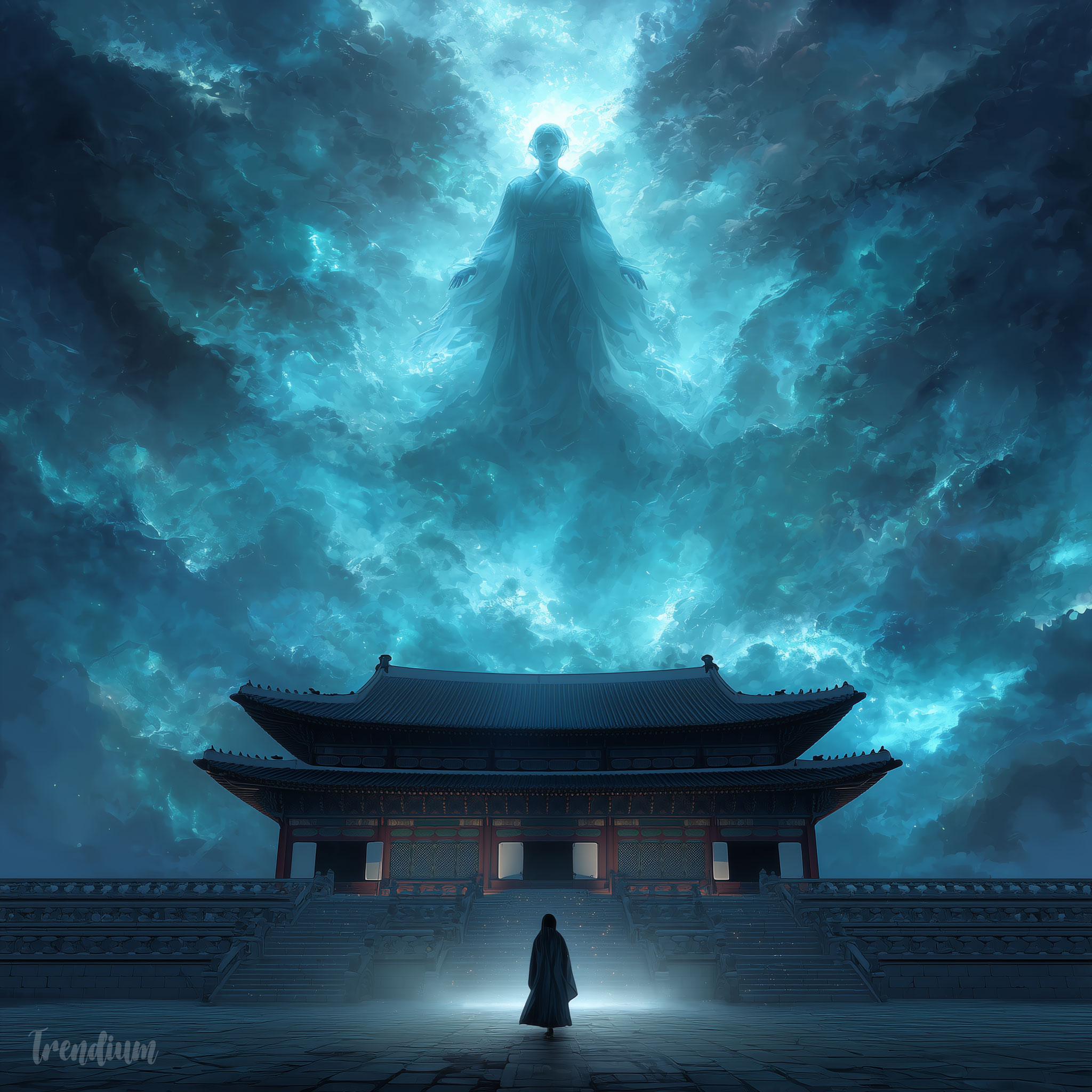 [prompt] AI oracle priestess, luminous spirit form, floating Korean traditional palace, cool blue haze, monumental perspective, dark sci-fantasy --chaos 3 --exp 1 --stylize 300