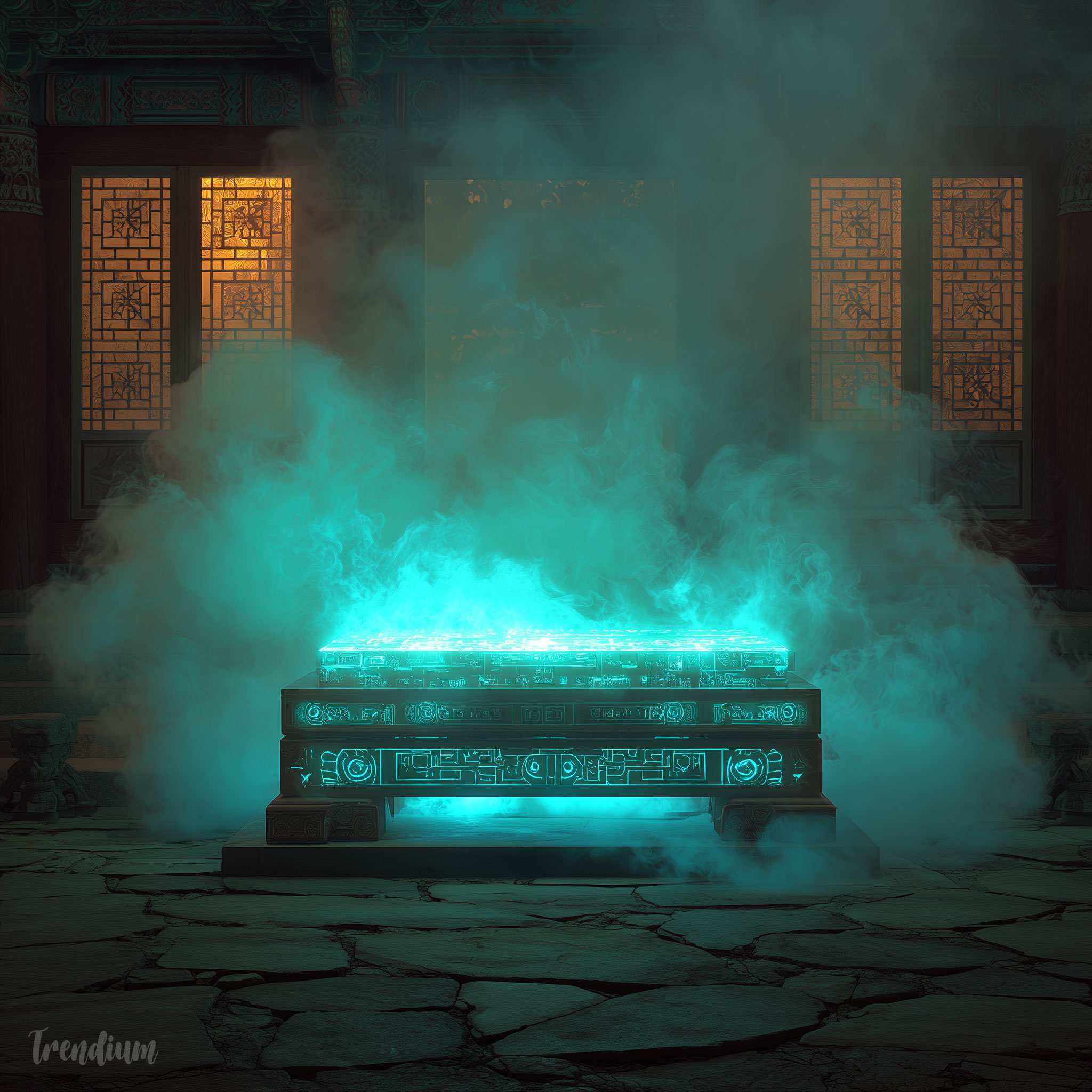 [prompt] Korean techno-mythic warrior ensemble, cyber shrine altar, glowing algorithmic sigils, volumetric smoke, 24mm wide cinematic shot --raw --stylize 300