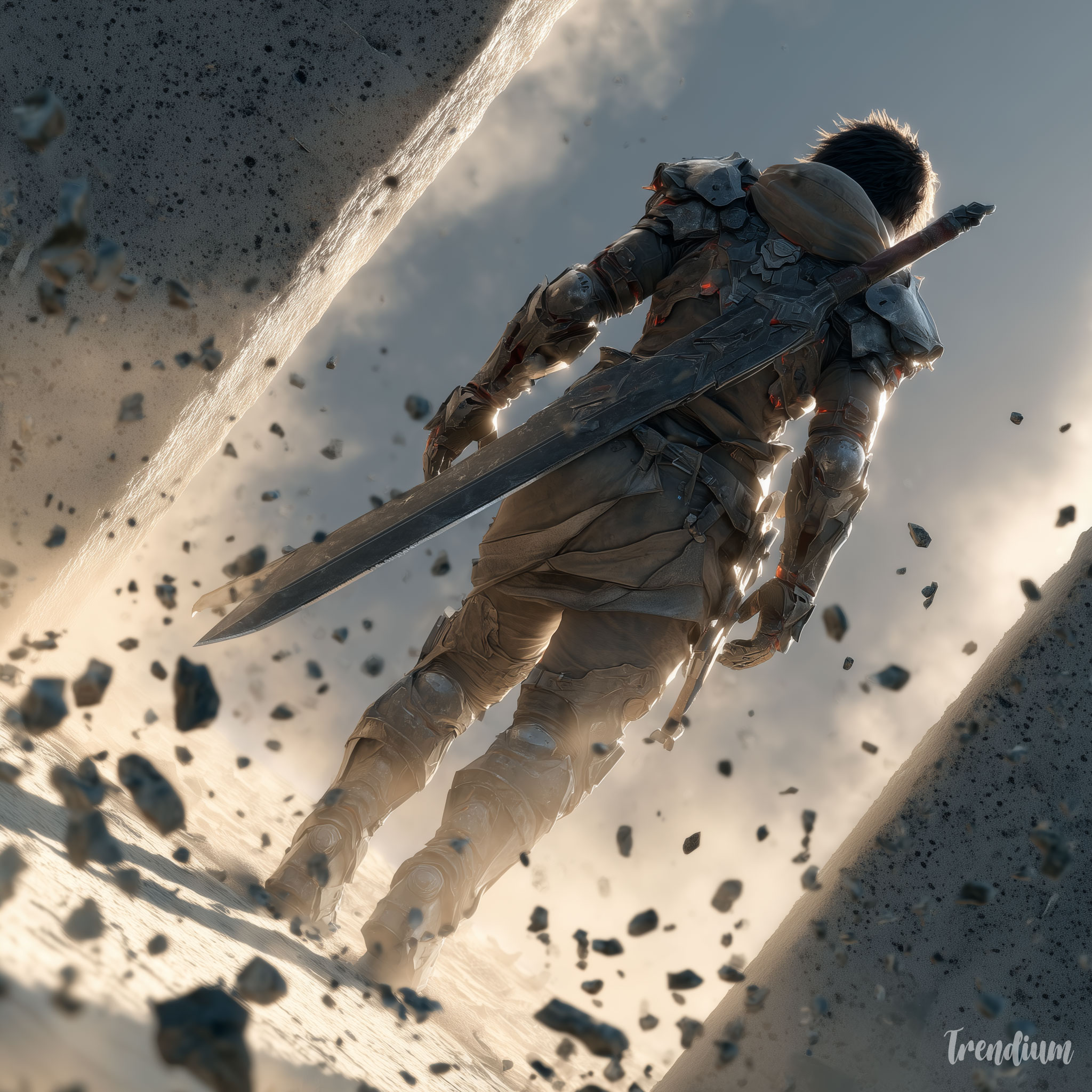 [prompt] biomechanical lamellar armor warrior confronting shadow demon in fractured skyscraper interior, dutch angle composition, tilted horizon, falling debris mid-air, high contrast lighting, intense instability mood, cinematic dark fantasy --chaos 2 --exp 1 --raw --stylize 400