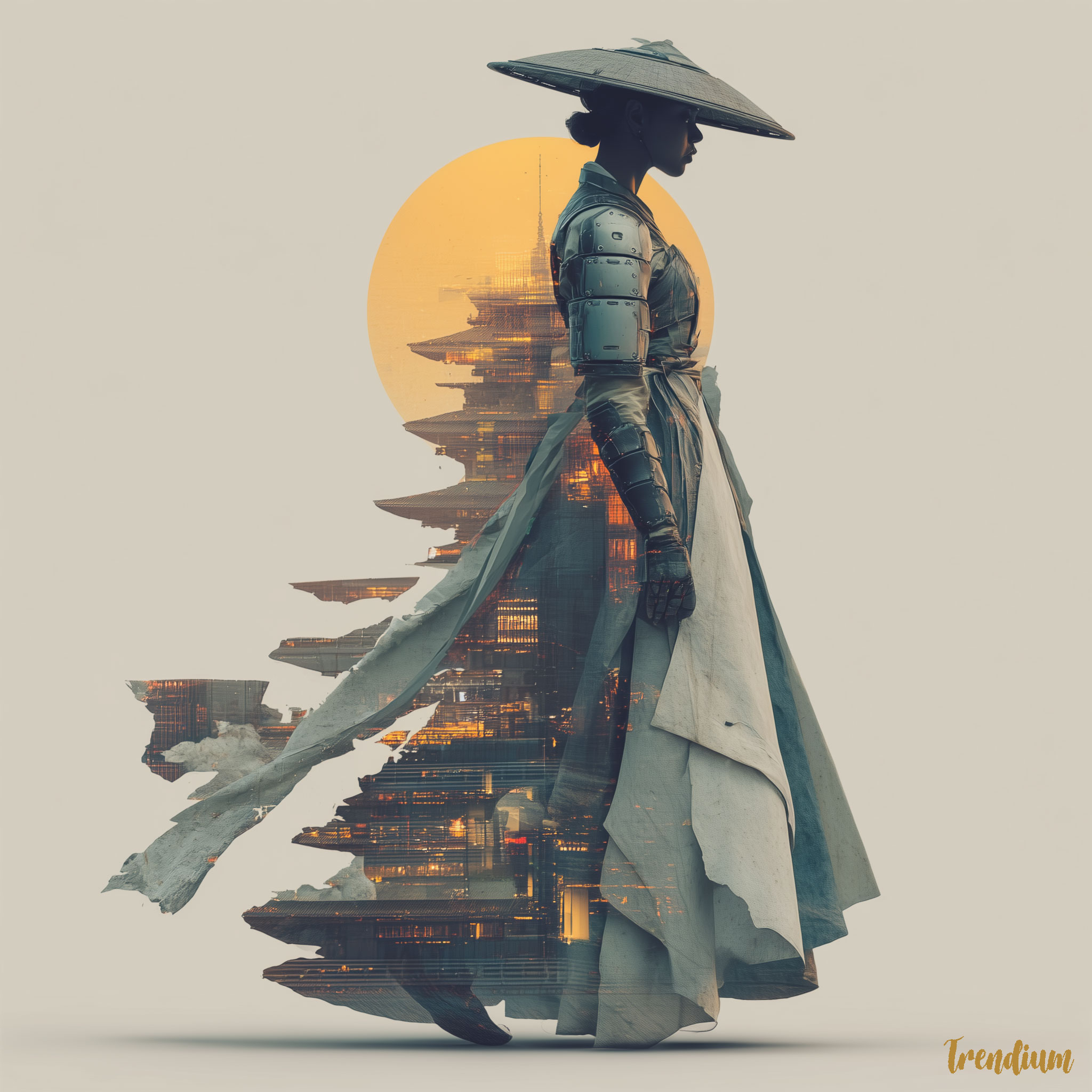 [prompt] hybrid Korean hanbok armor warrior, stone pagoda fused with neon city, kpop idol concept fashion, muted color palette, silhouette composition, epic scale --raw --stylize 500