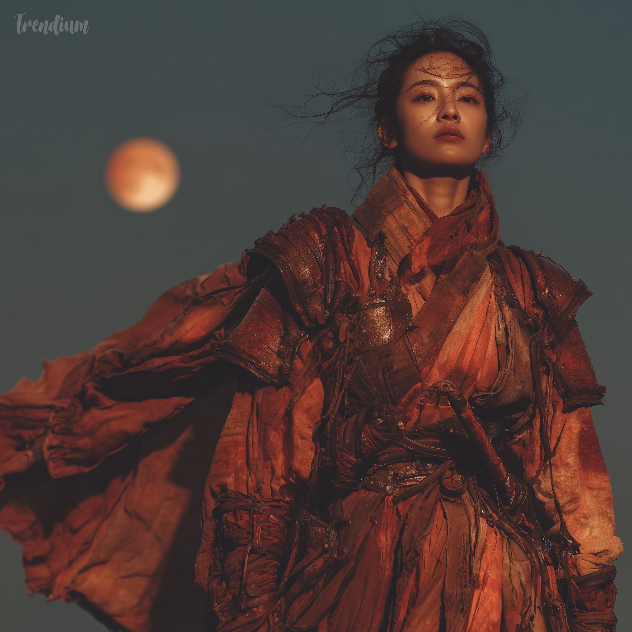 [prompt] female Korean warrior in hanbok-armor fusion, wind-blown fabric, holding ritual blade, fire and moon dual lighting, restrained emotional expression, high detail cinematic fantasy, contemporary dark tone --chaos 1 --exp 1 --raw --stylize 400