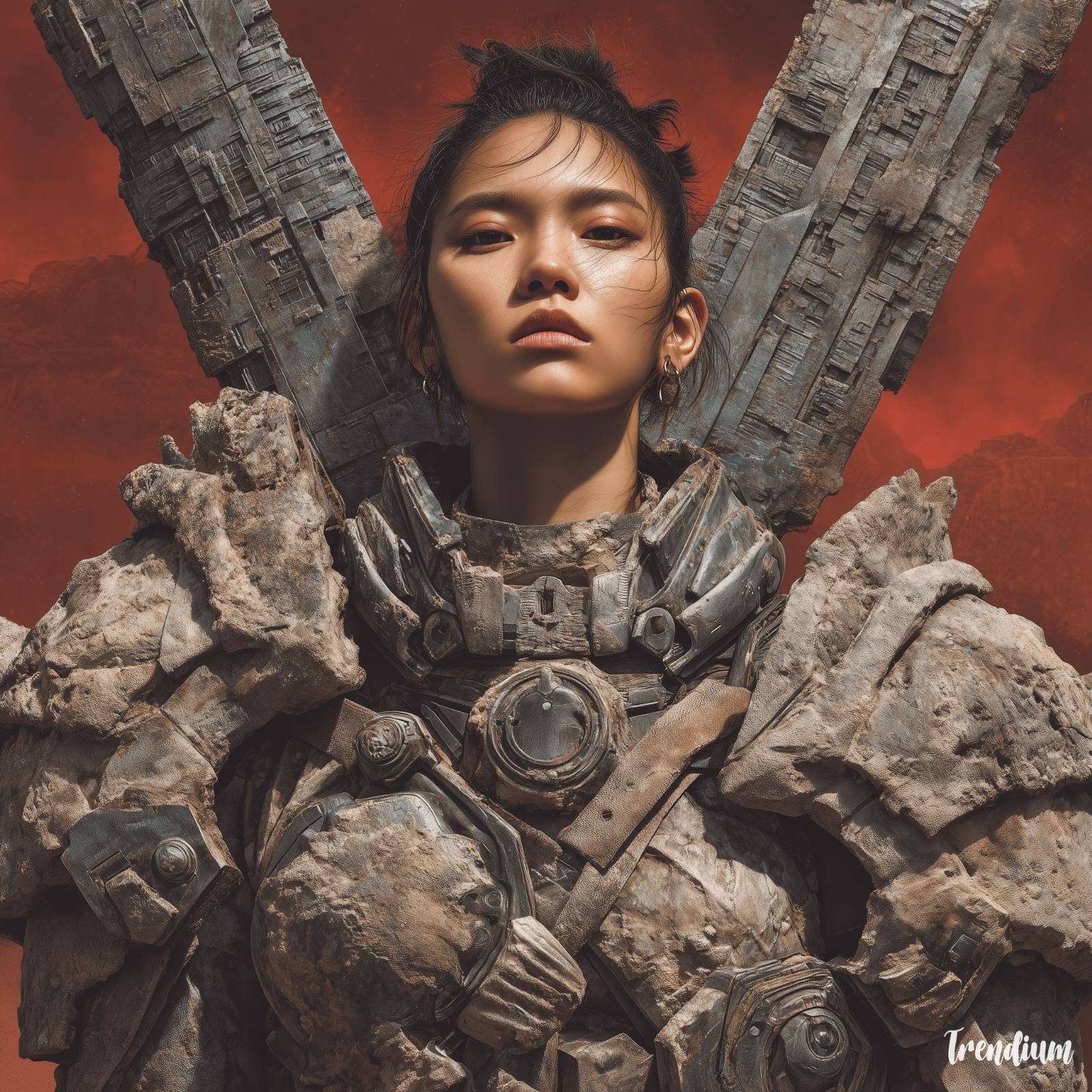 [prompt] post-human Korean warrior with biomechanical lamellar armor, jade-core energy blade, ancient palace ruins fused with futuristic megastructure, red storm sky, dramatic wide 24mm lens, balanced emotional expression, dark poetic sci-fantasy film concept art --chaos 1 --exp 1 --raw --stylize 300