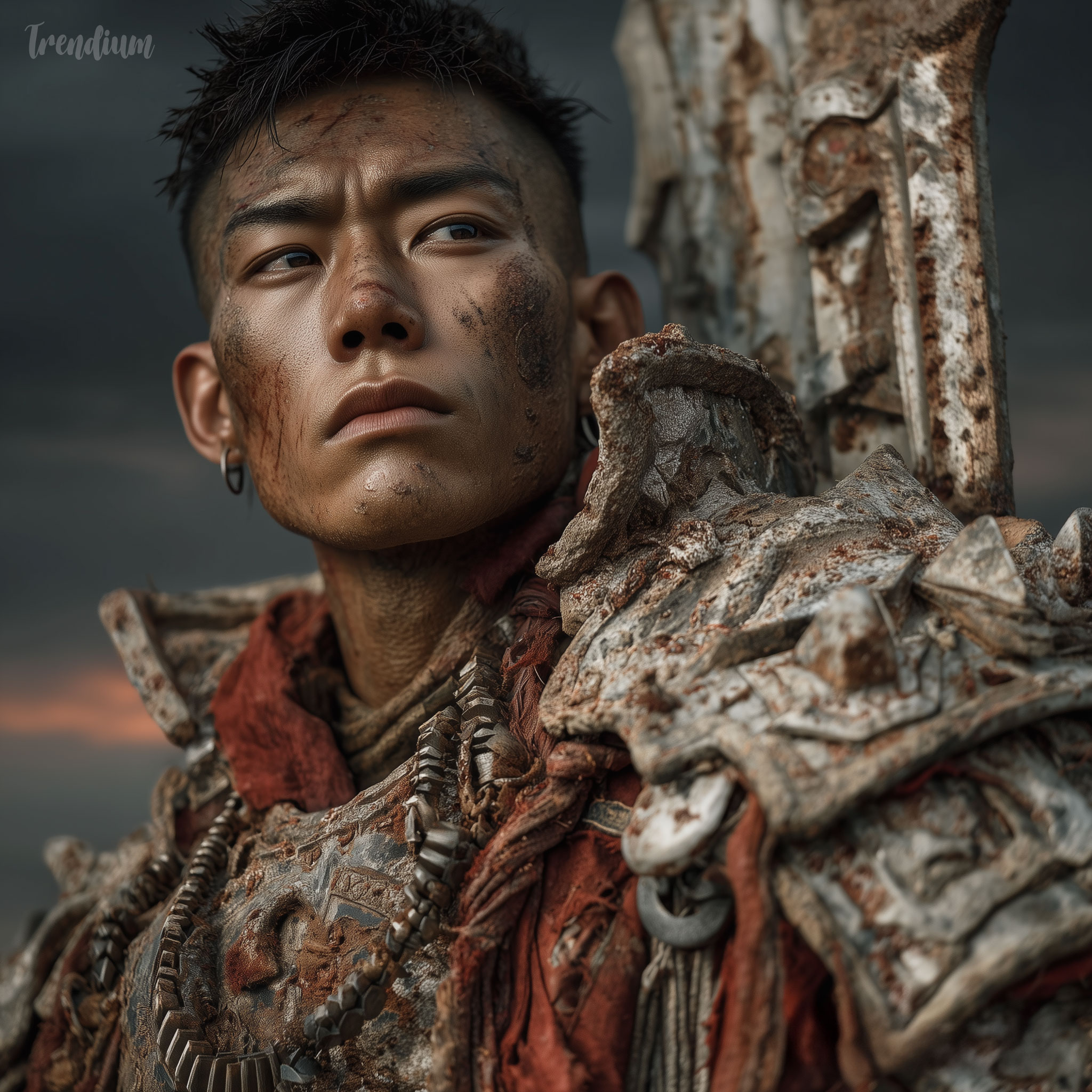 [prompt] post-human Korean warrior with biomechanical lamellar armor, jade-core energy blade, ancient palace ruins fused with futuristic megastructure, red storm sky, dramatic wide 24mm lens, balanced emotional expression, dark poetic sci-fantasy film concept art --chaos 1 --exp 1 --raw --stylize 300