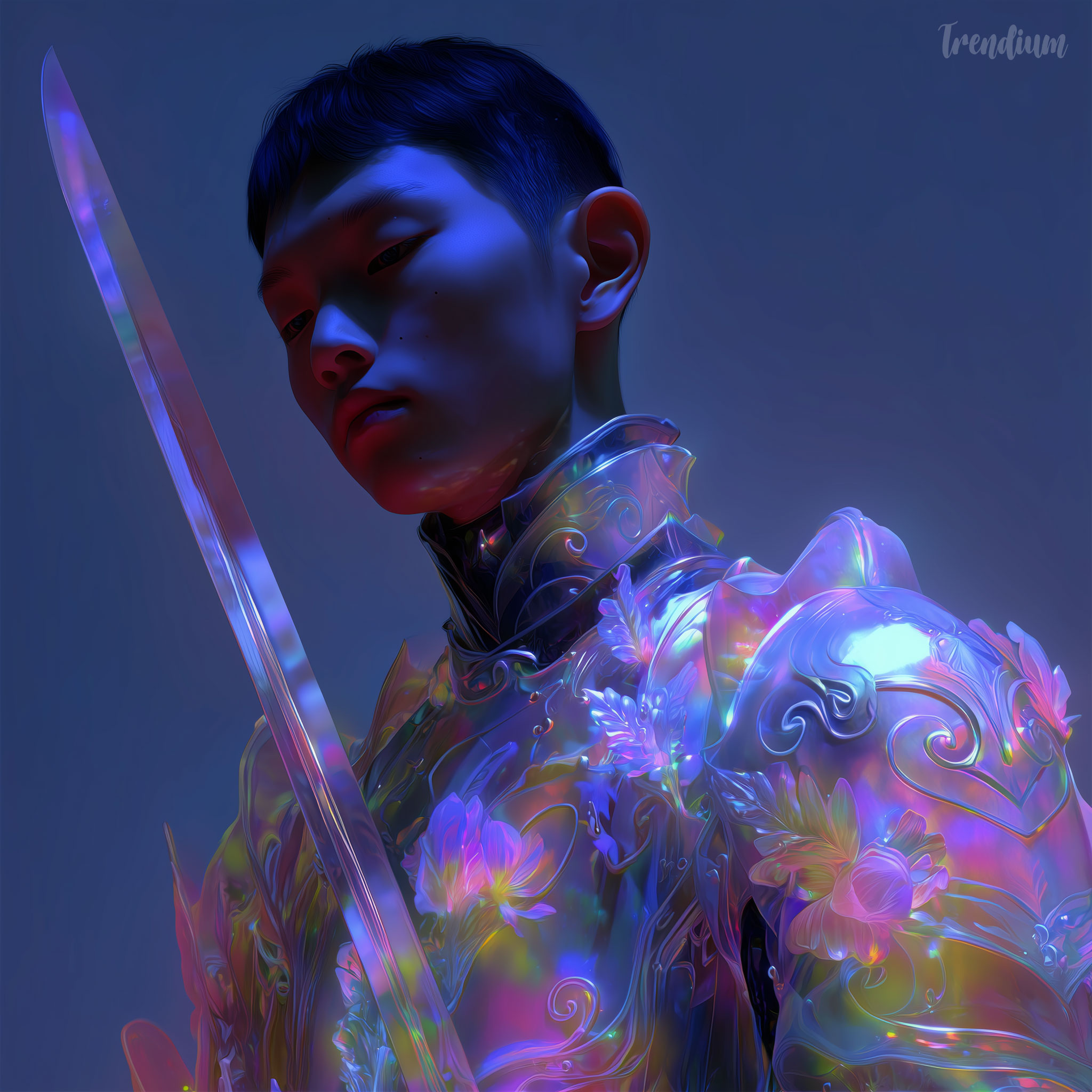 [prompt] post-human Korean warrior with biomechanical lamellar armor, jade-core energy blade, ancient palace ruins fused with futuristic megastructure, red storm sky, dramatic wide 24mm lens, balanced emotional expression, dark poetic sci-fantasy film concept art --chaos 1 --exp 1 --raw --stylize 300 --sref 1686266529