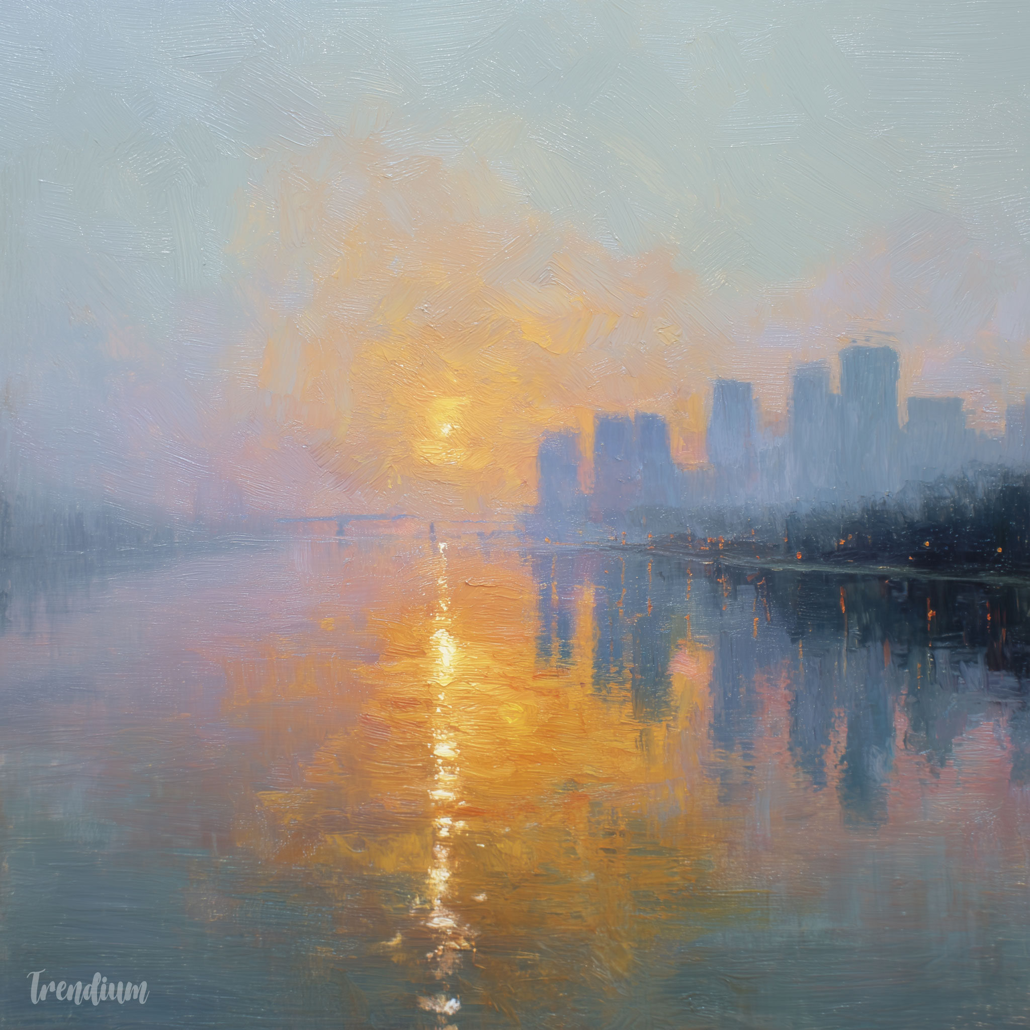 [prompt] Impressionism painting of sunrise in Seoul, soft golden morning light over the Han River, misty atmosphere, pastel color palette, shimmering water reflections, loose brushstrokes, broken color technique, poetic morning mood, Claude Monet style, Camille Pissarro style