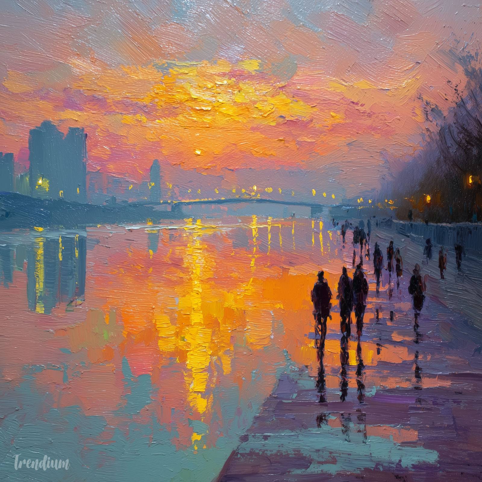 [prompt] sunrise over the Han River with Korean people walking along the riverside, impressionist oil painting, glowing morning mist, thick textured paint, bold brushstrokes, shimmering reflections on water, Claude Monet style