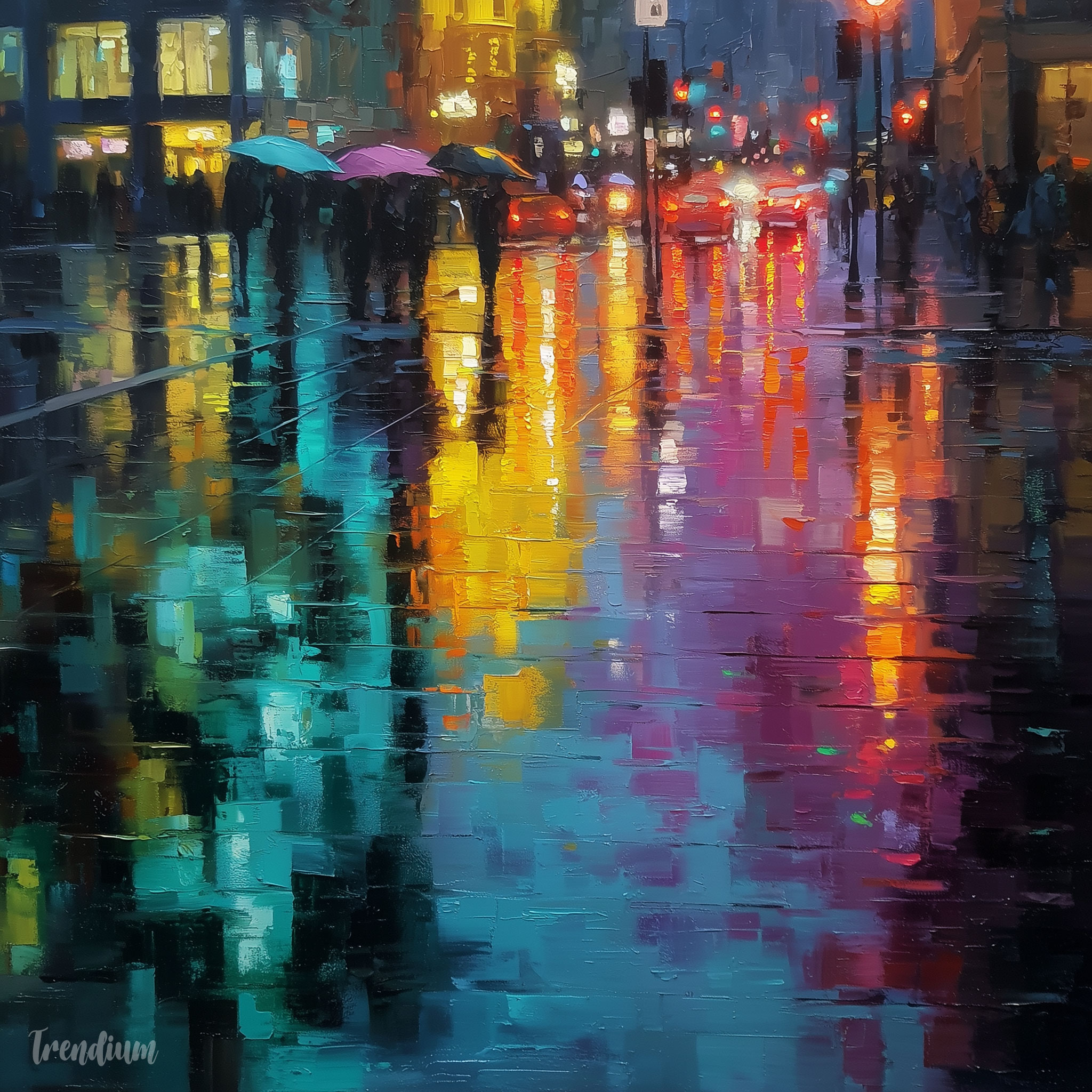[prompt] rain-soaked street reflecting city lights and umbrellas, shimmering reflections on pavement, impressionist oil painting, atmospheric haze, vibrant color reflections, loose painterly brushstrokes, Pissarro style