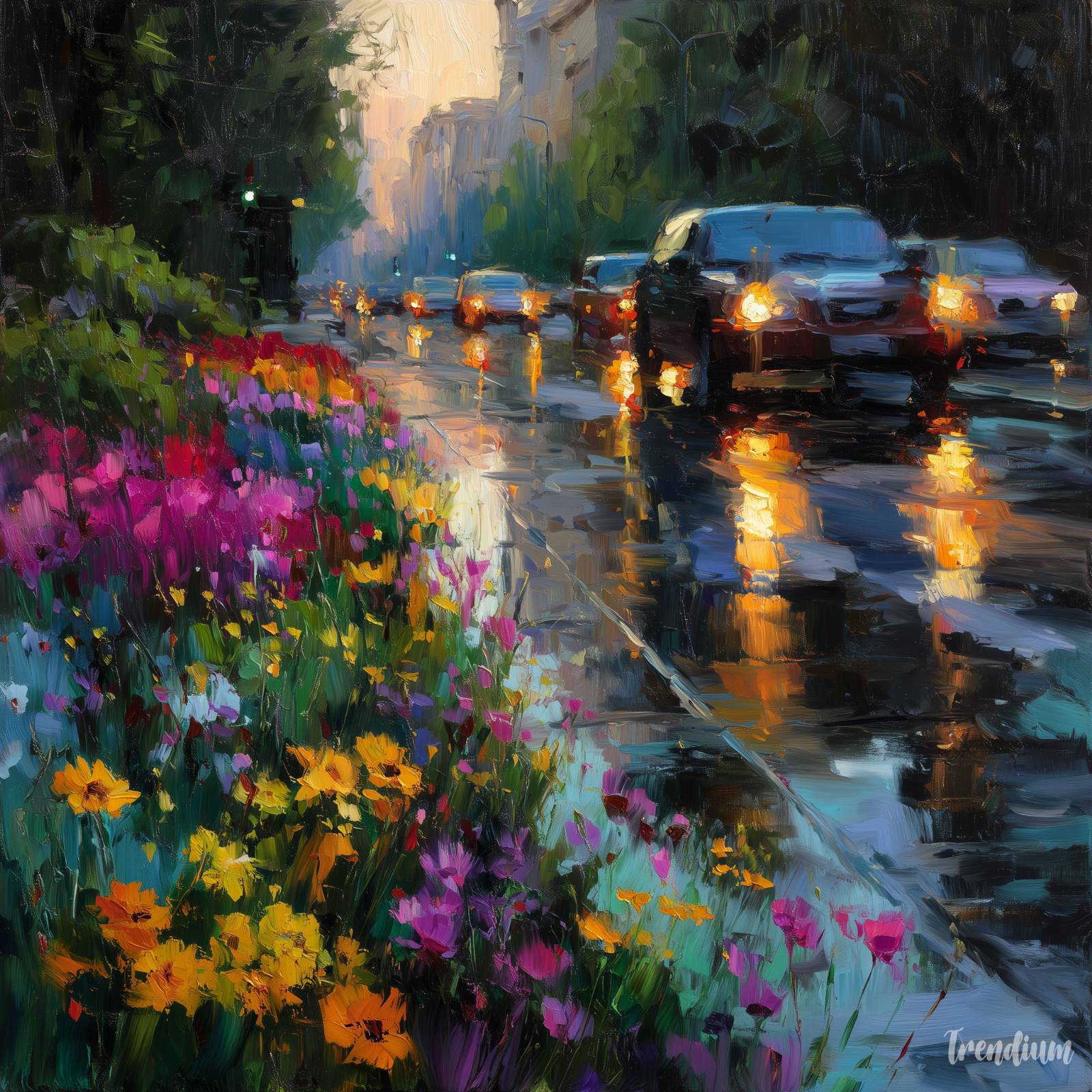 [prompt] street filled with bright spring flowers and cars driving slowly, shimmering reflections on wet pavement, warm afternoon sunlight, impressionist oil painting, vibrant colors, rough expressive brushstrokes, atmospheric haze, Monet style