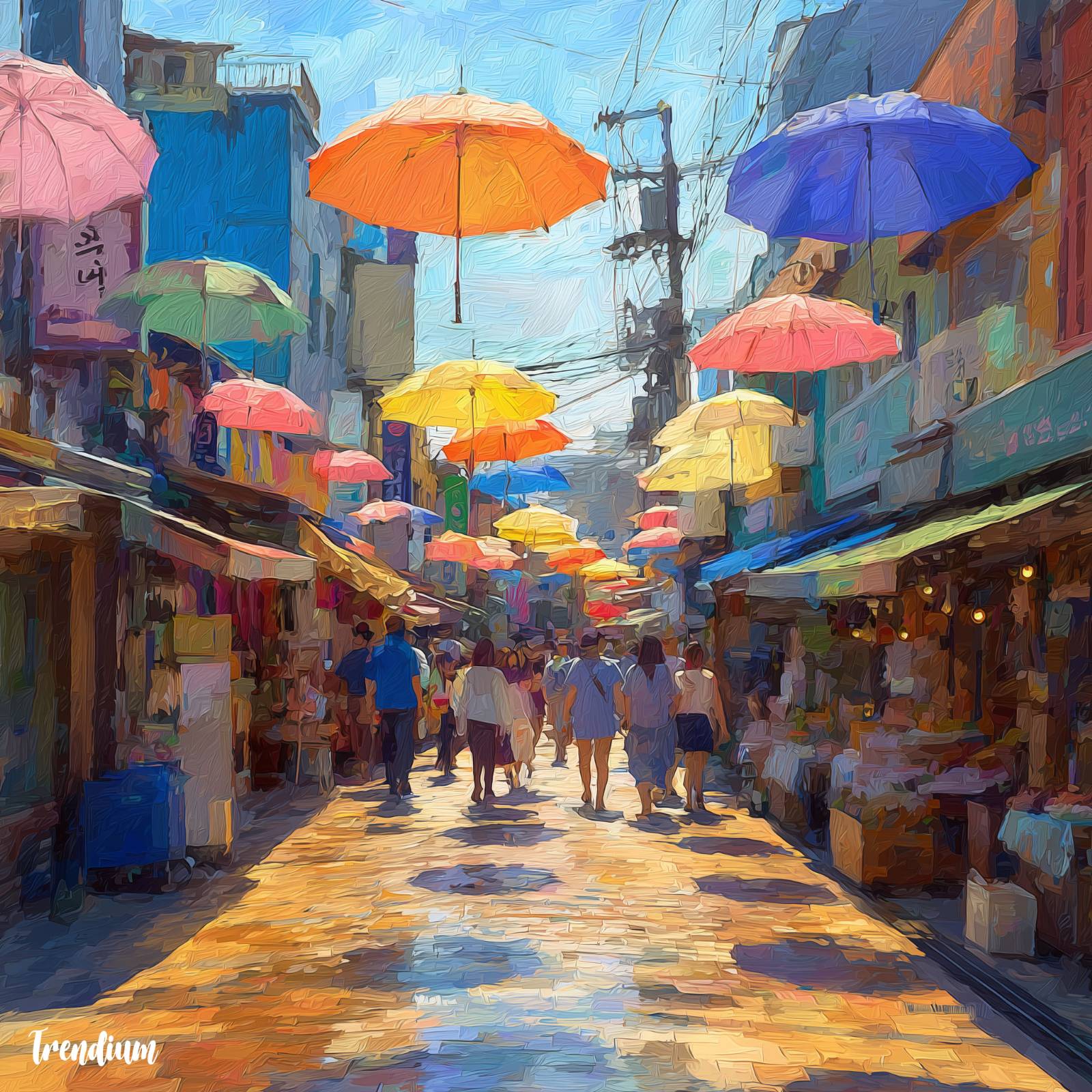 [prompt] traditional Korean market street in impressionist style, colorful umbrellas and people, diffused sunlight, painterly brushstrokes, lively atmosphere