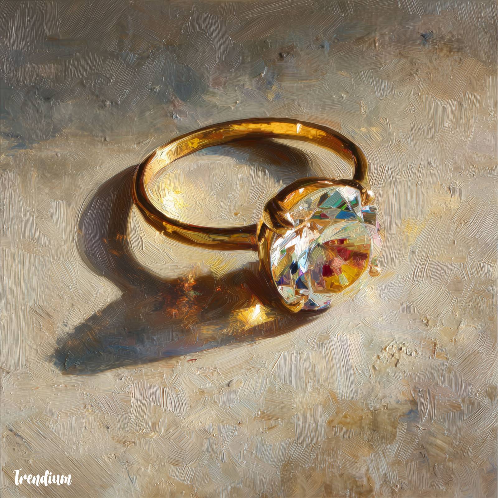 [prompt] gold ring with gemstone shining under soft afternoon sunlight, impressionist painting, warm luminous tones, shimmering reflections, textured oil paint, loose brushstrokes, Renoir style