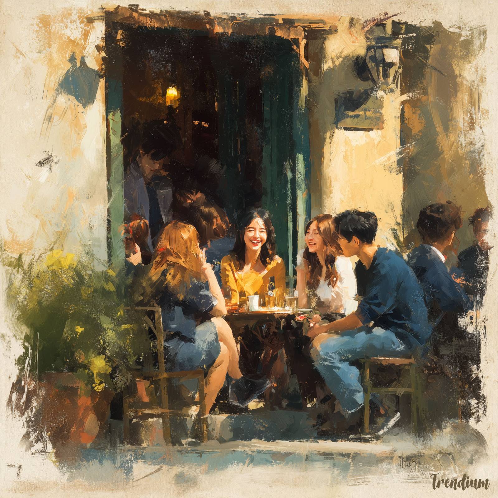 [prompt] group of Korean friends in their 20s laughing and talking at an open-air café terrace, golden afternoon sunlight, warm skin tones, impressionist painting, vibrant light reflections, soft textured brushstrokes, Renoir style --raw --stylize 300