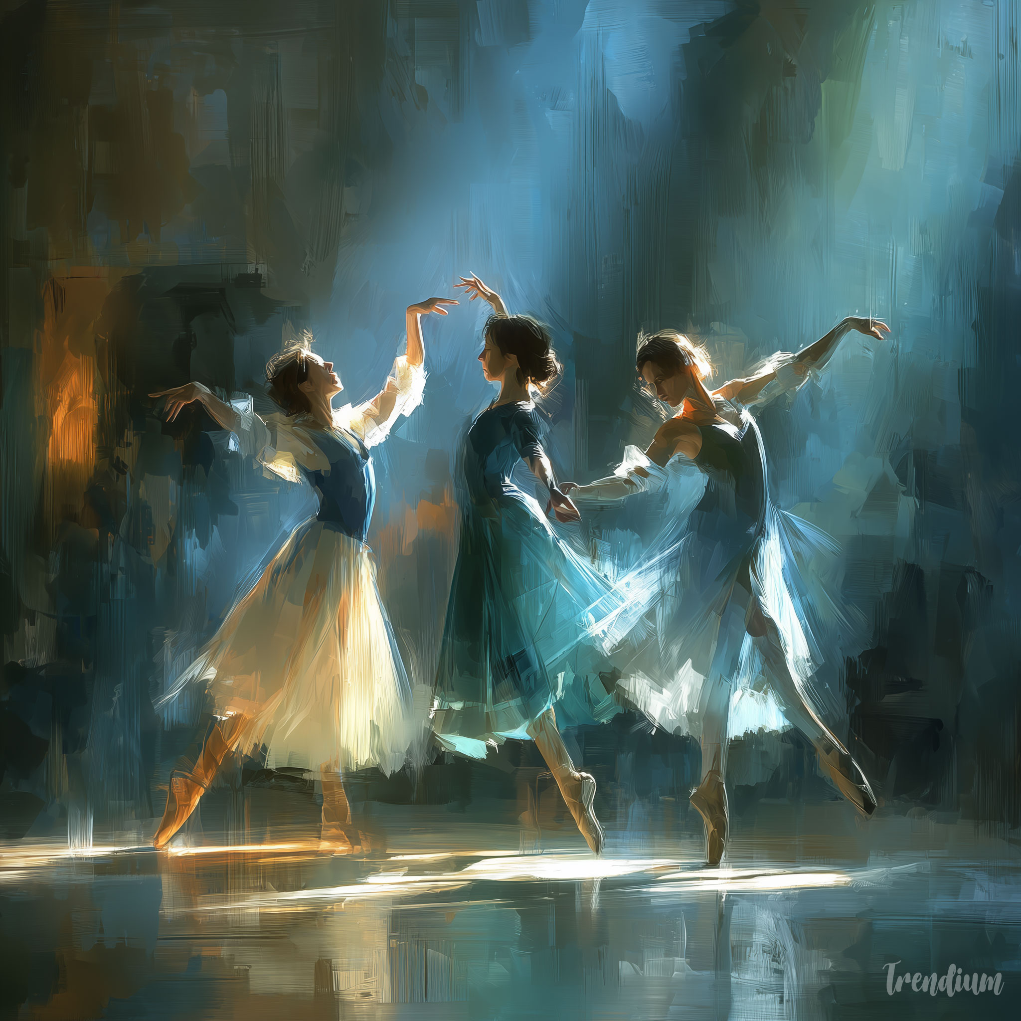 [prompt] Korean ballet dancer rehearsal scene, impressionism painting, soft indoor light, dynamic movement, delicate brushwork, atmospheric shadows, Edgar Degas style --raw --stylize 300