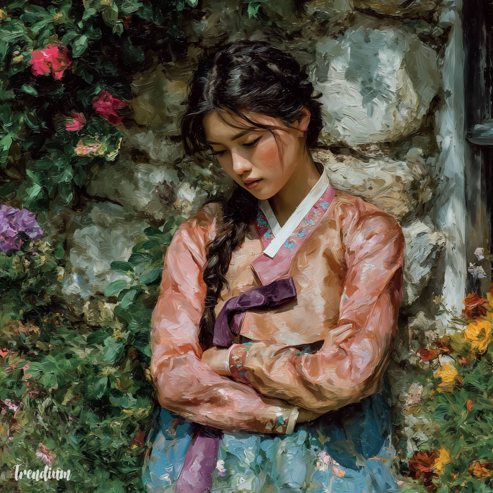 [prompt] Korean woman in hanbok standing in a garden, impressionist oil painting, thick impasto paint, rough expressive brushstrokes, broken color technique, soft morning sunlight, pastel color palette, painterly texture, Claude Monet style --raw --stylize 400