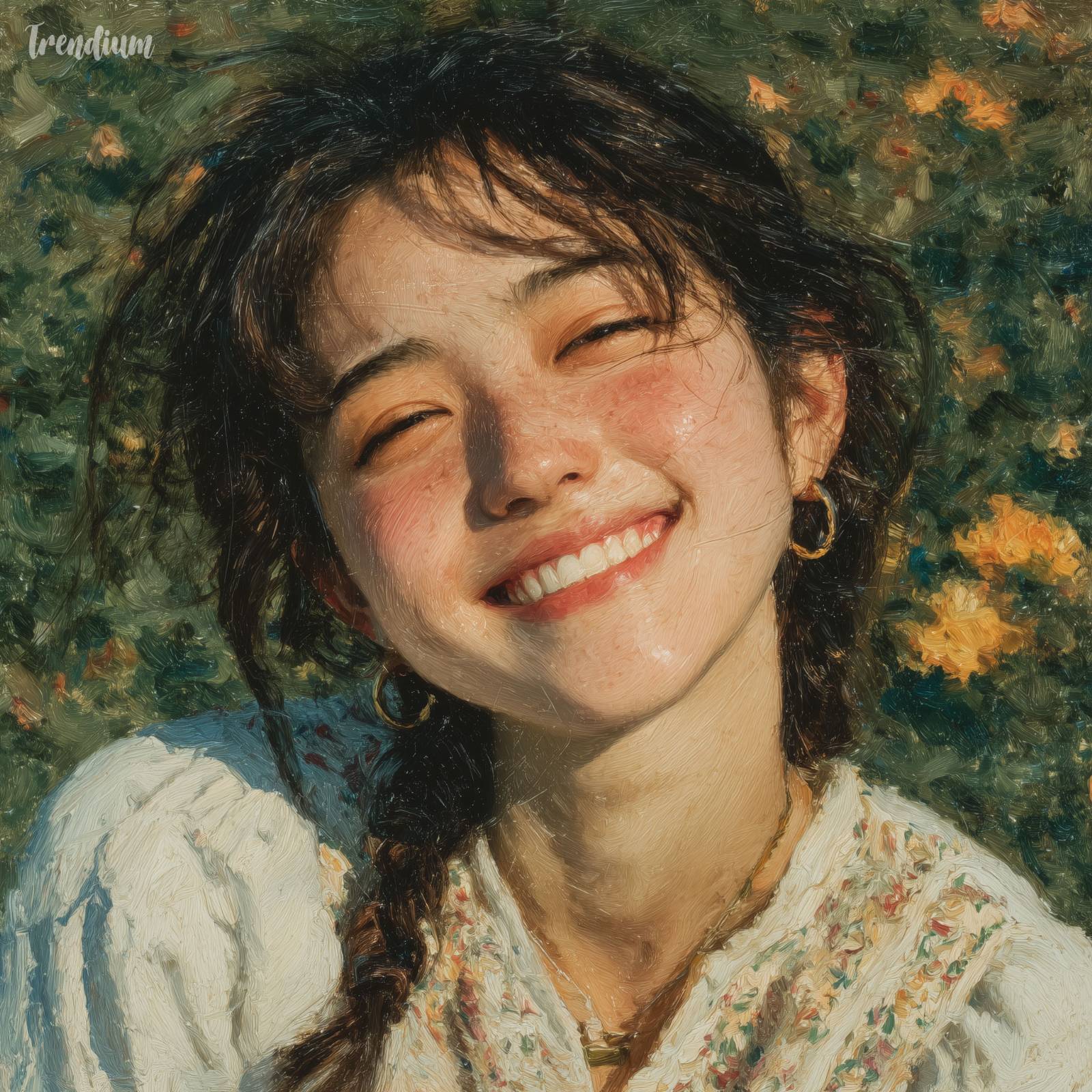 [prompt] upper body portrait of a Korean woman smiling brightly in a flower garden, warm golden sunlight, soft atmospheric light, impressionism painting, thick textured oil paint, bold visible brushstrokes, shimmering colors, Claude Monet style --raw --stylize 500