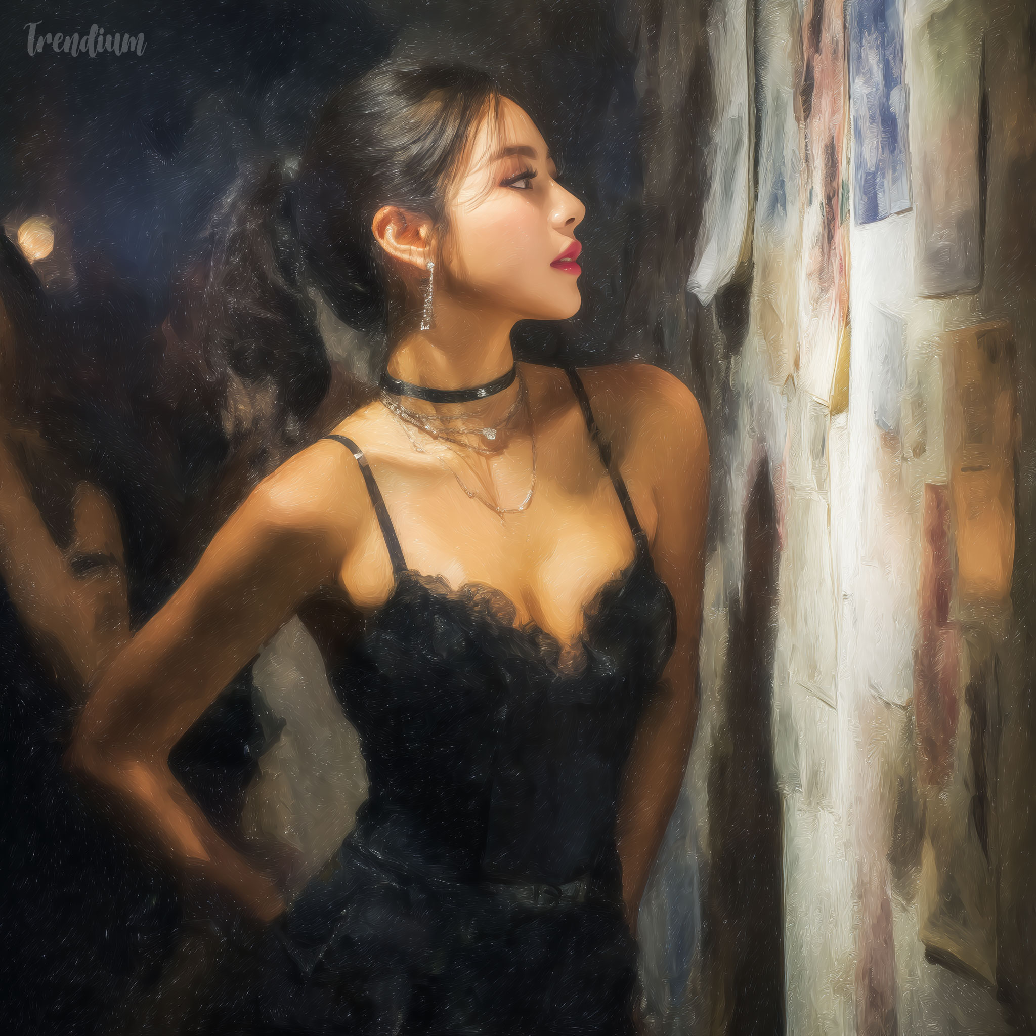 [prompt] Korean K-pop idol backstage preparing for performance, soft diffused stage lighting, impressionist painting, textured oil paint, bold visible brushstrokes, dreamy atmosphere, Monet style --raw --stylize 200