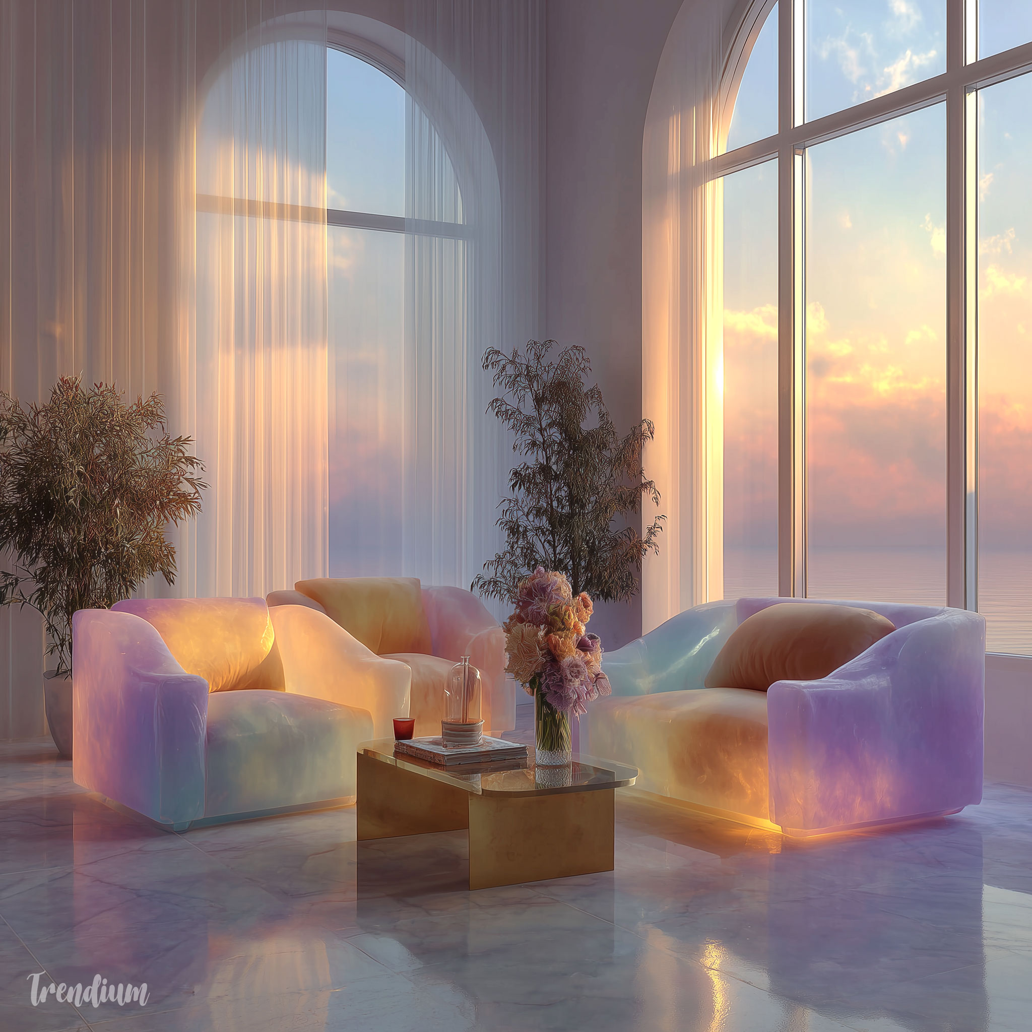 [prompt] ethereal furniture interior, translucent materials, soft glow lighting, pastel tones, minimal styling, serene and refined atmosphere --exp 2 --raw --stylize 300