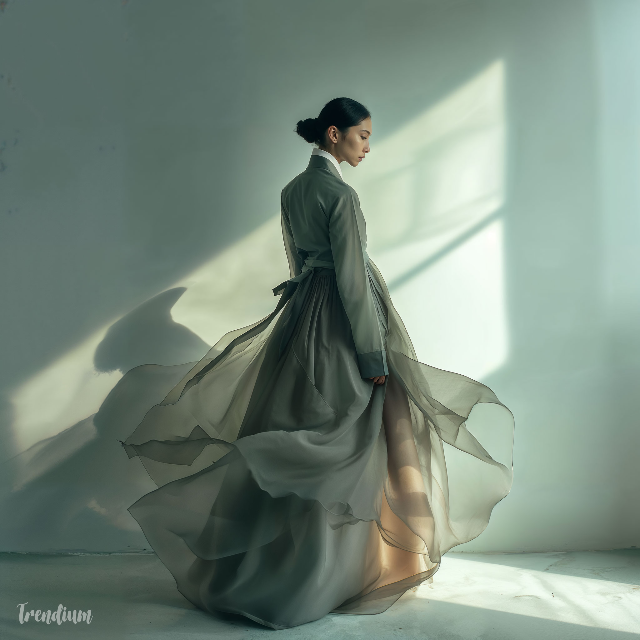 [prompt] ethereal korean fashion, hanbok with sheer layers, soft backlight, flowing fabric, minimal styling, airy atmosphere --chaos 1 --raw --stylize 300